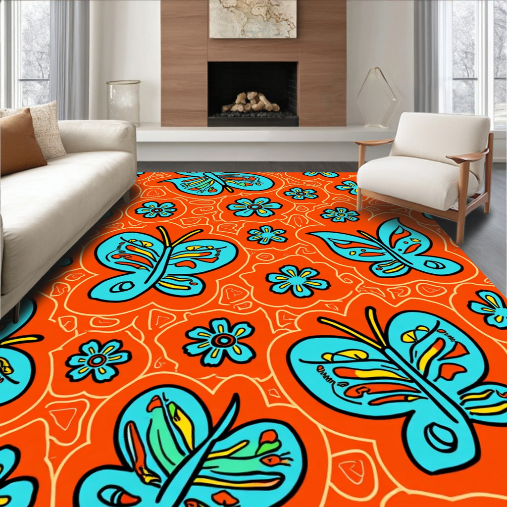 Blue Butterflies Flowers Pattern Rug