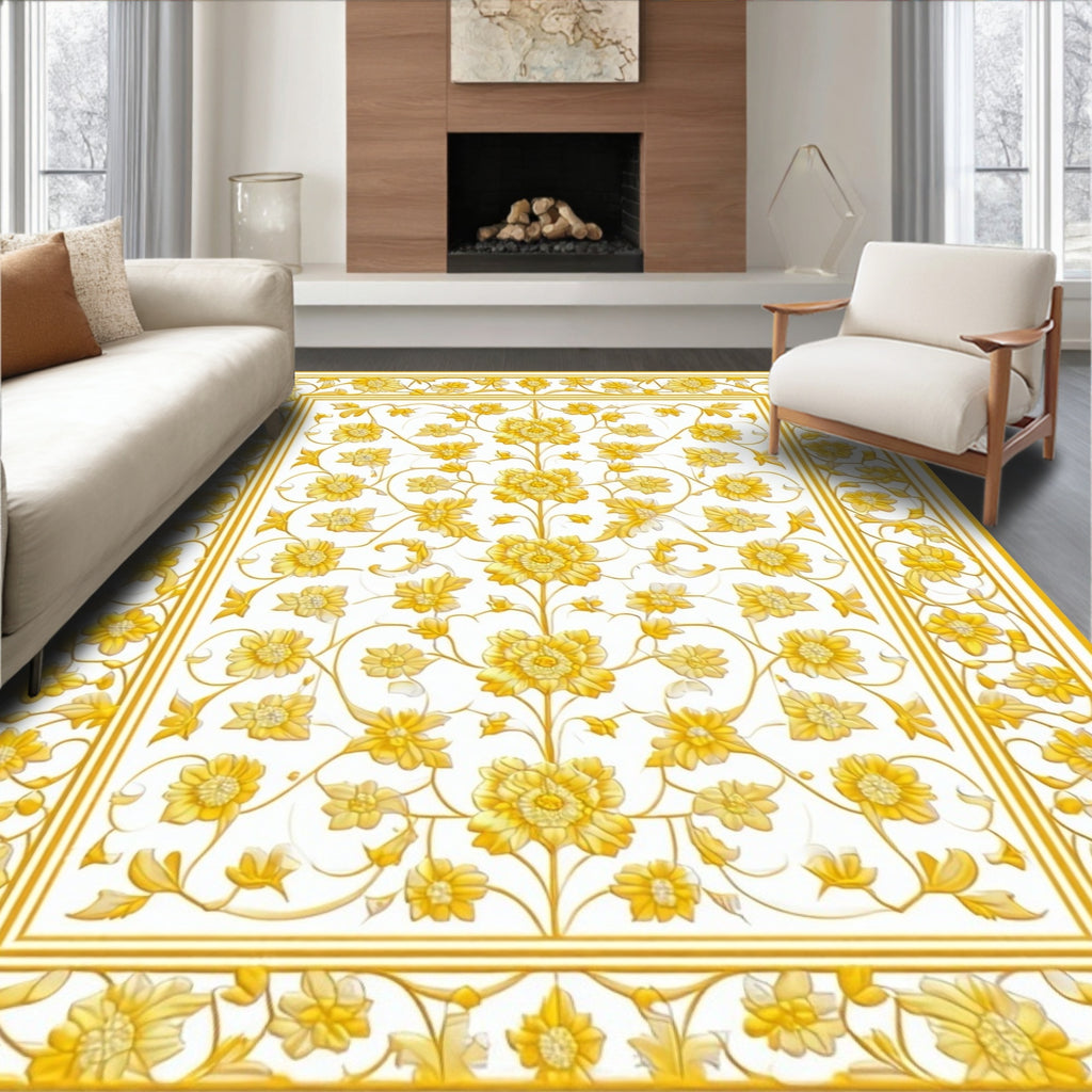 Golden Yellow Floral Vine Pattern Rug