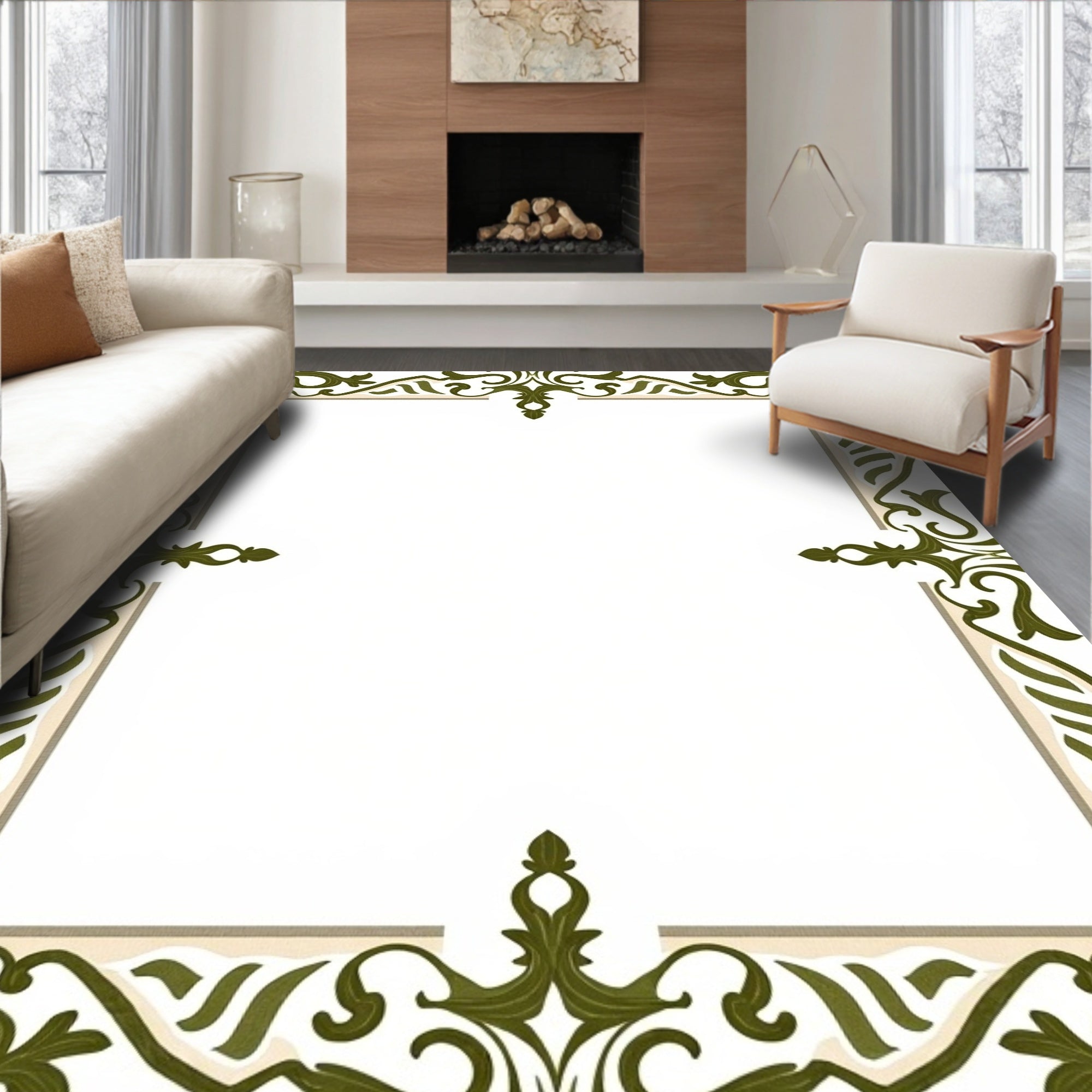 Ornate Olive Green Scrollwork Border Rug