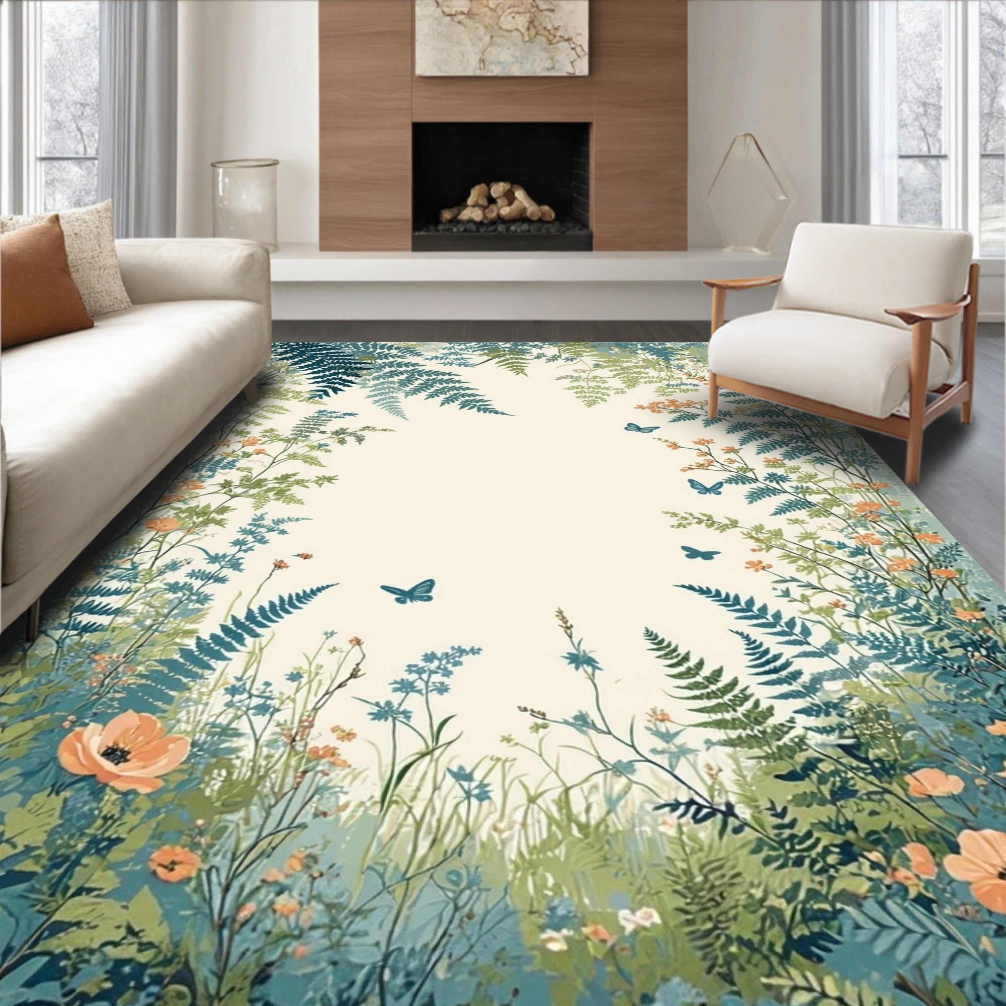 Whimsical Floral Fern Butterfly Garden Rug