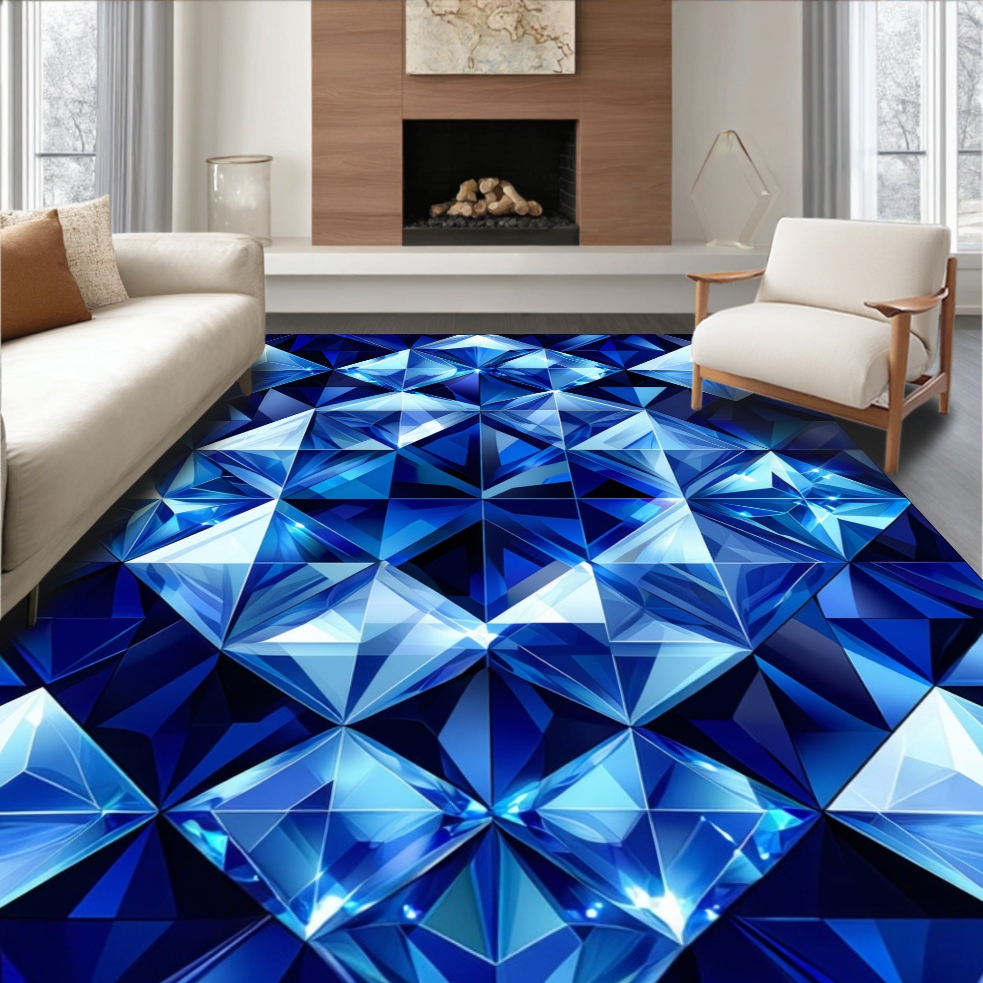 Shimmering Blue Faceted Geometric Style Rug