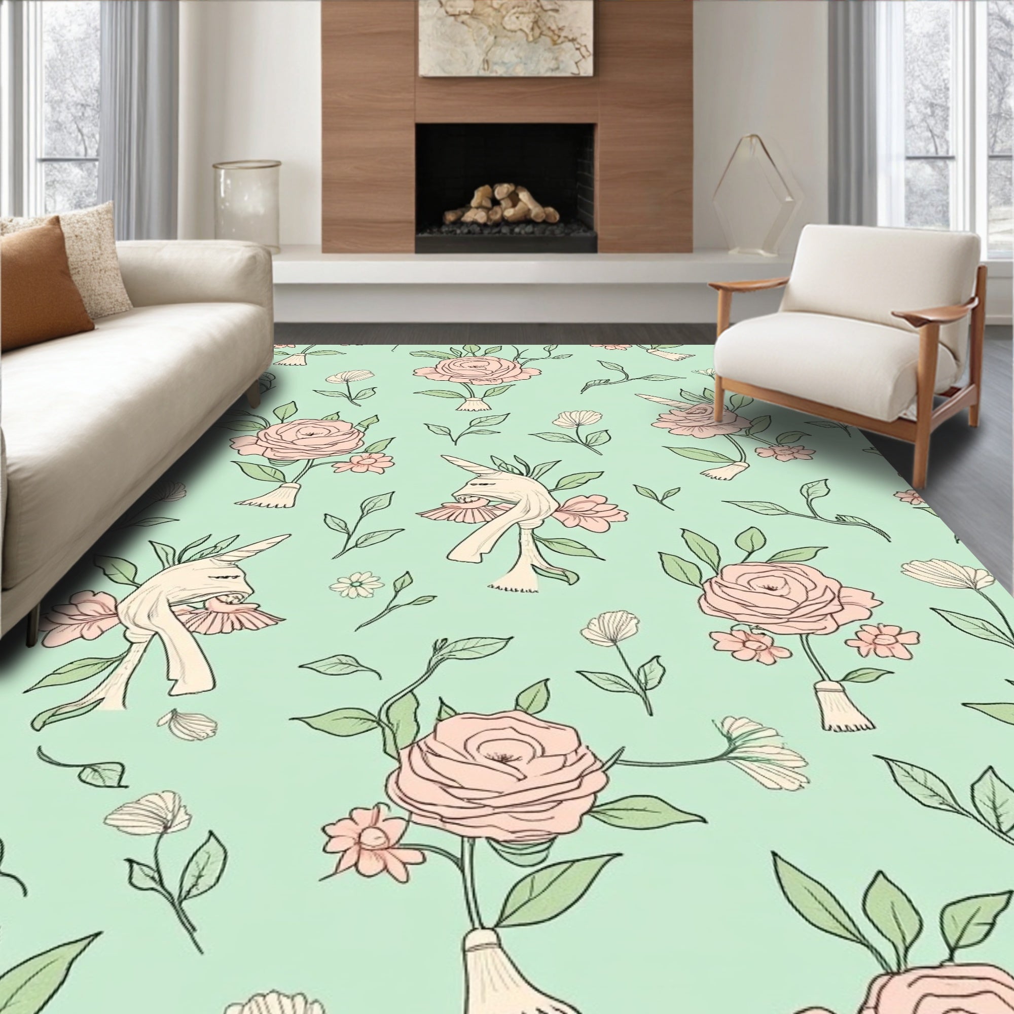 Whimsical Floral Unicorn Pattern Art Rug