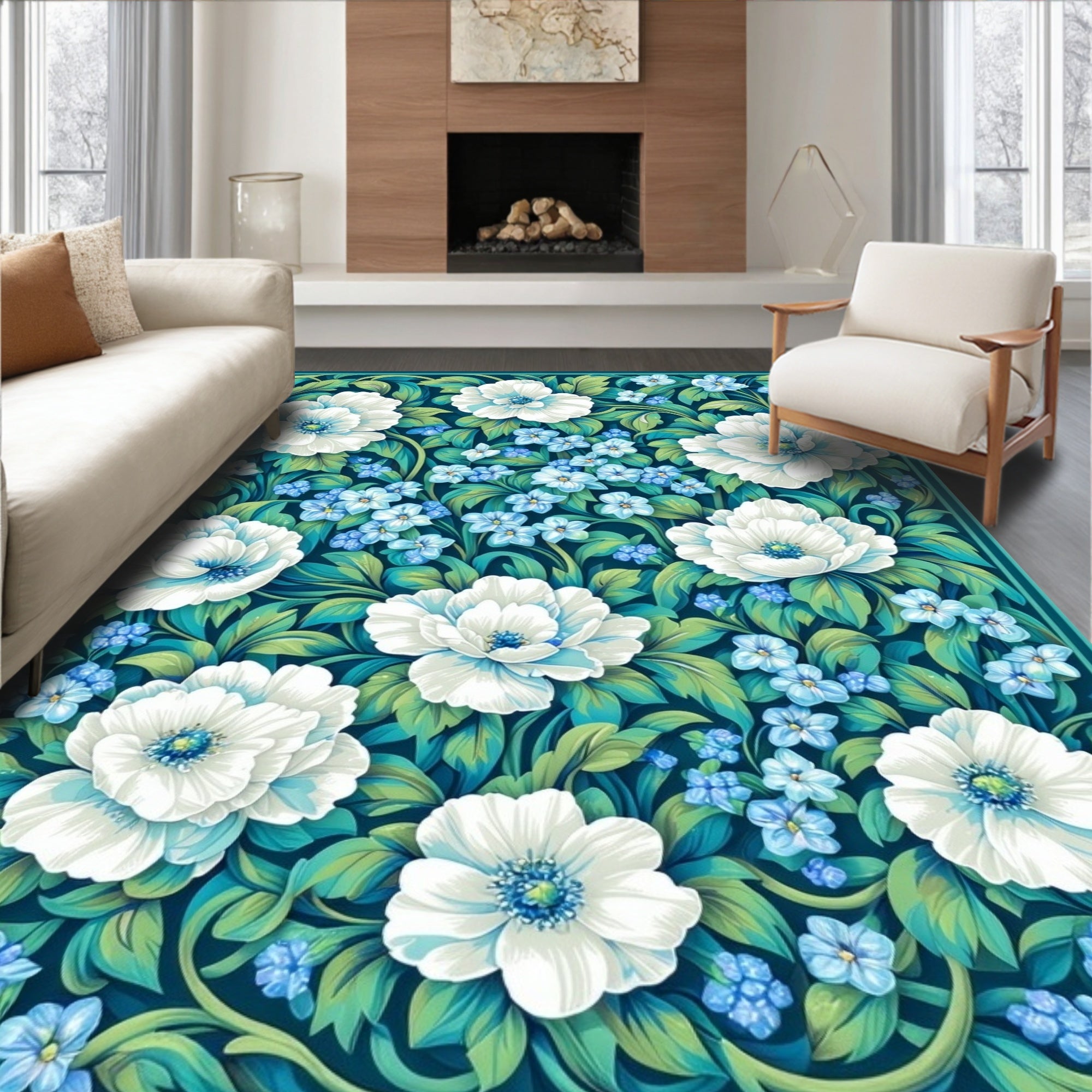 White Floral Pattern with Blue Accents Rug