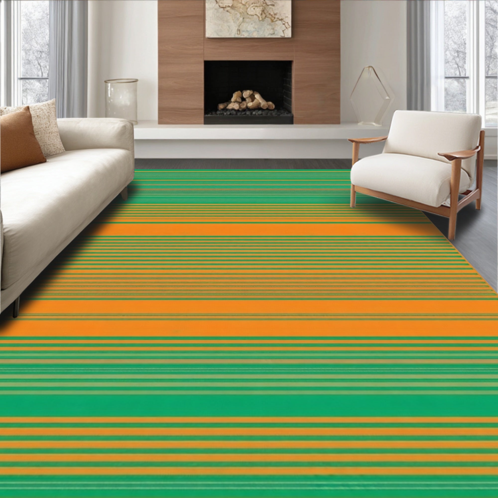 Bright Orange Green Striped Design Rug