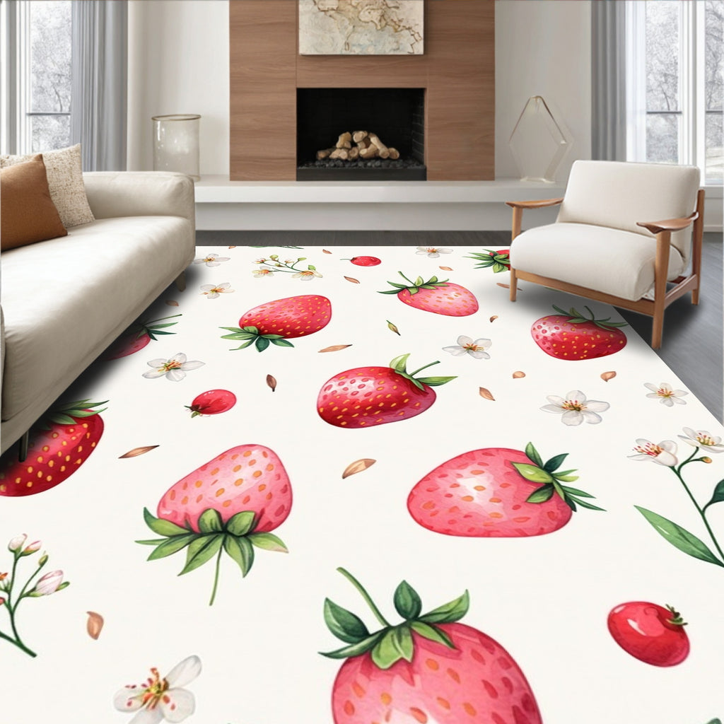 Whimsical Strawberry Floral Pattern Design Rug