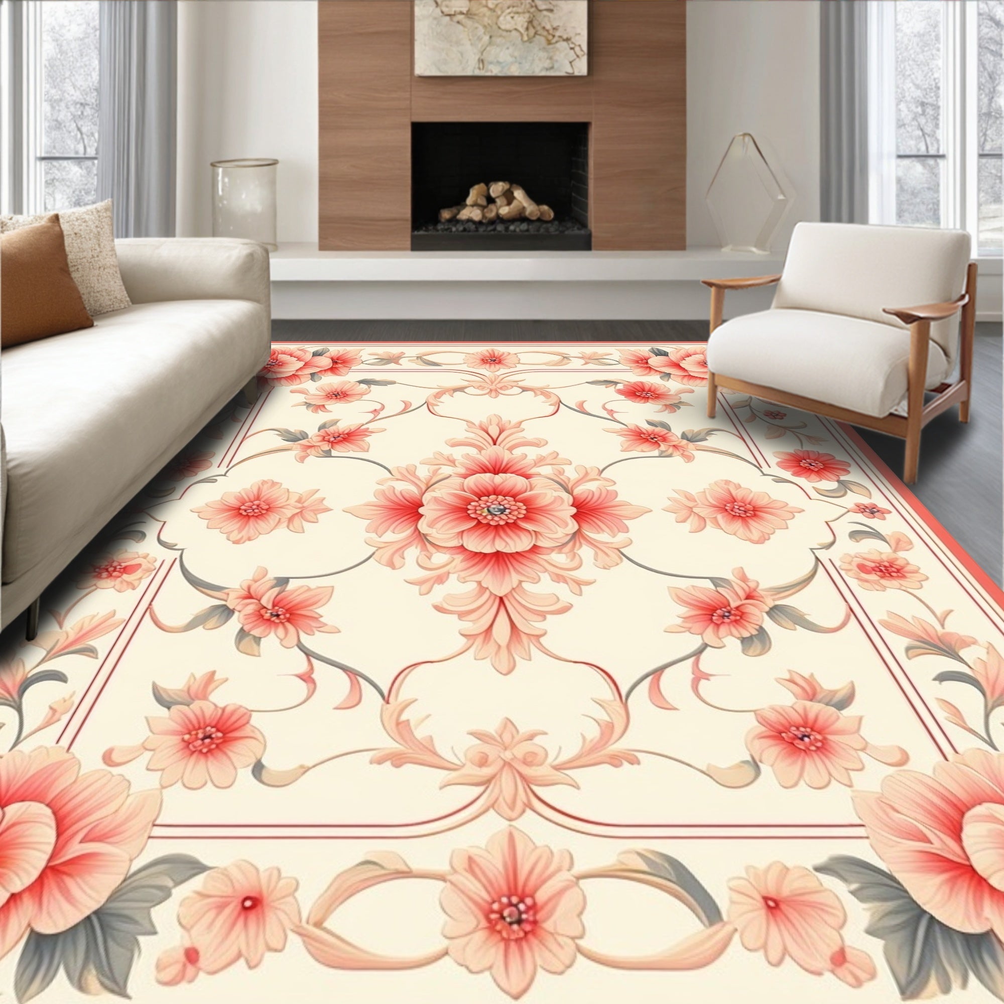 Elegant Floral Scrollwork Cream Rug