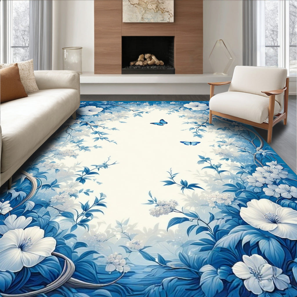 Delicate Blue Floral Butterfly Design Accent Rug