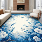 Delicate Blue Floral Butterfly Design Accent Rug