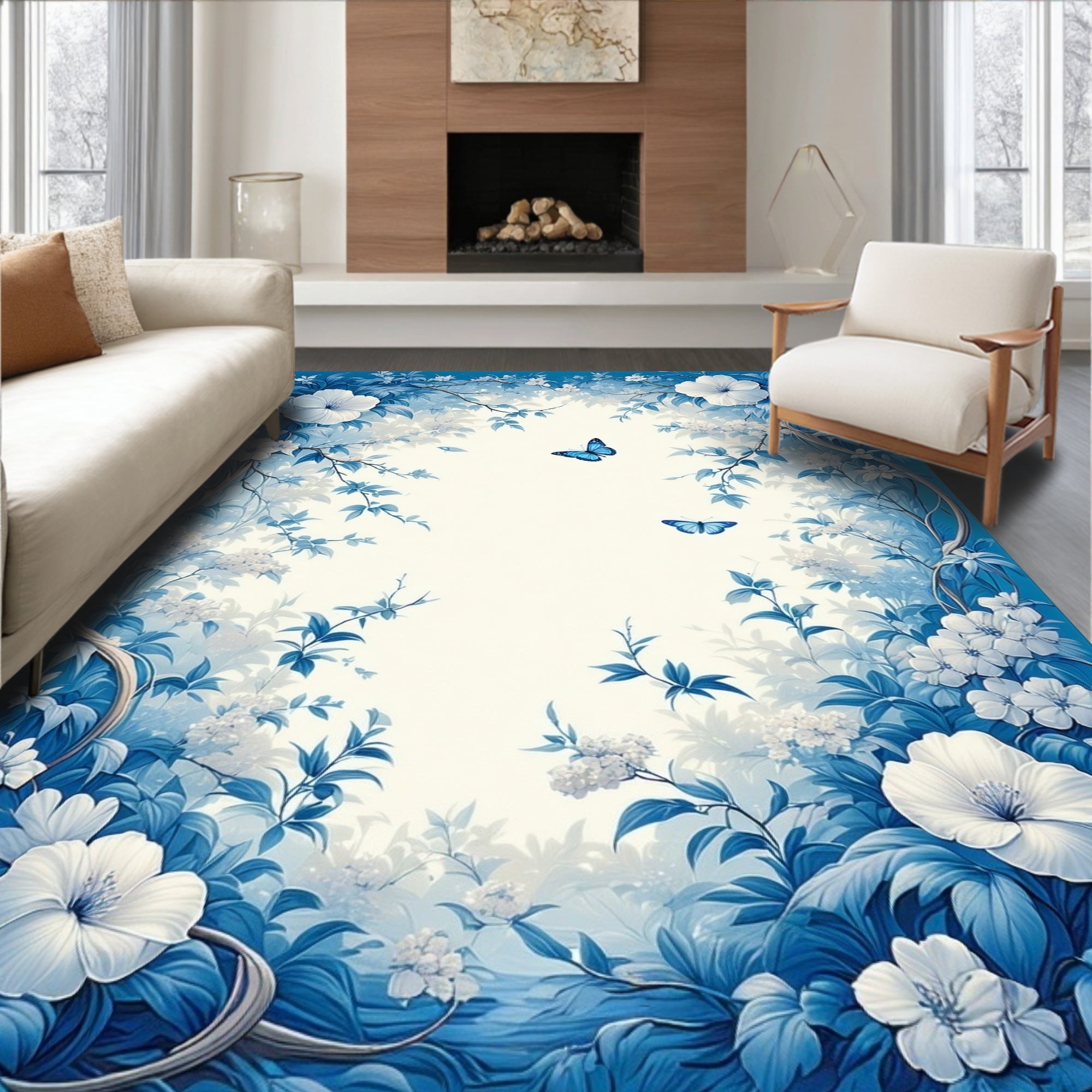 Delicate Blue Floral Butterfly Design Accent Rug