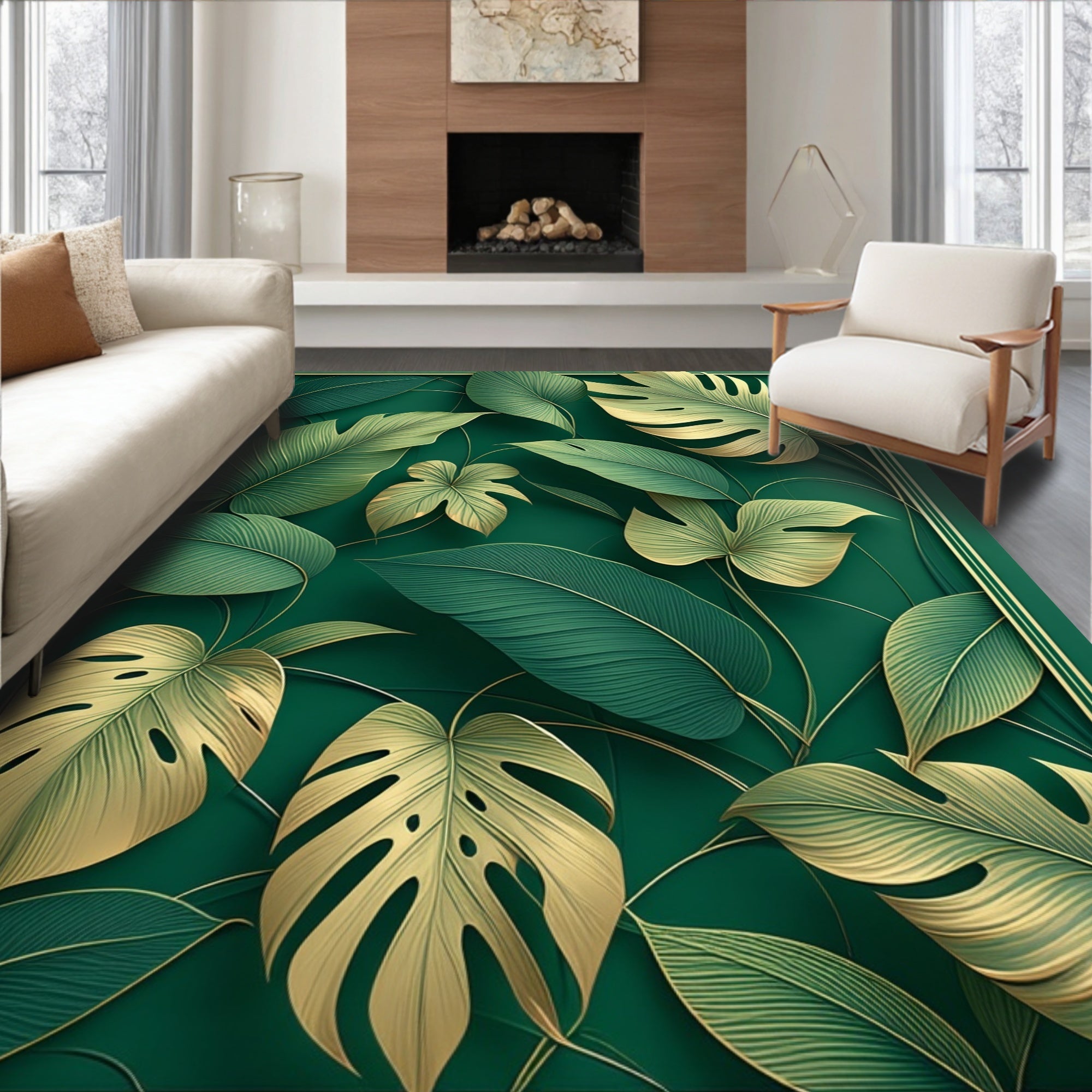 Emerald Green Leafy Tropical Design Rug