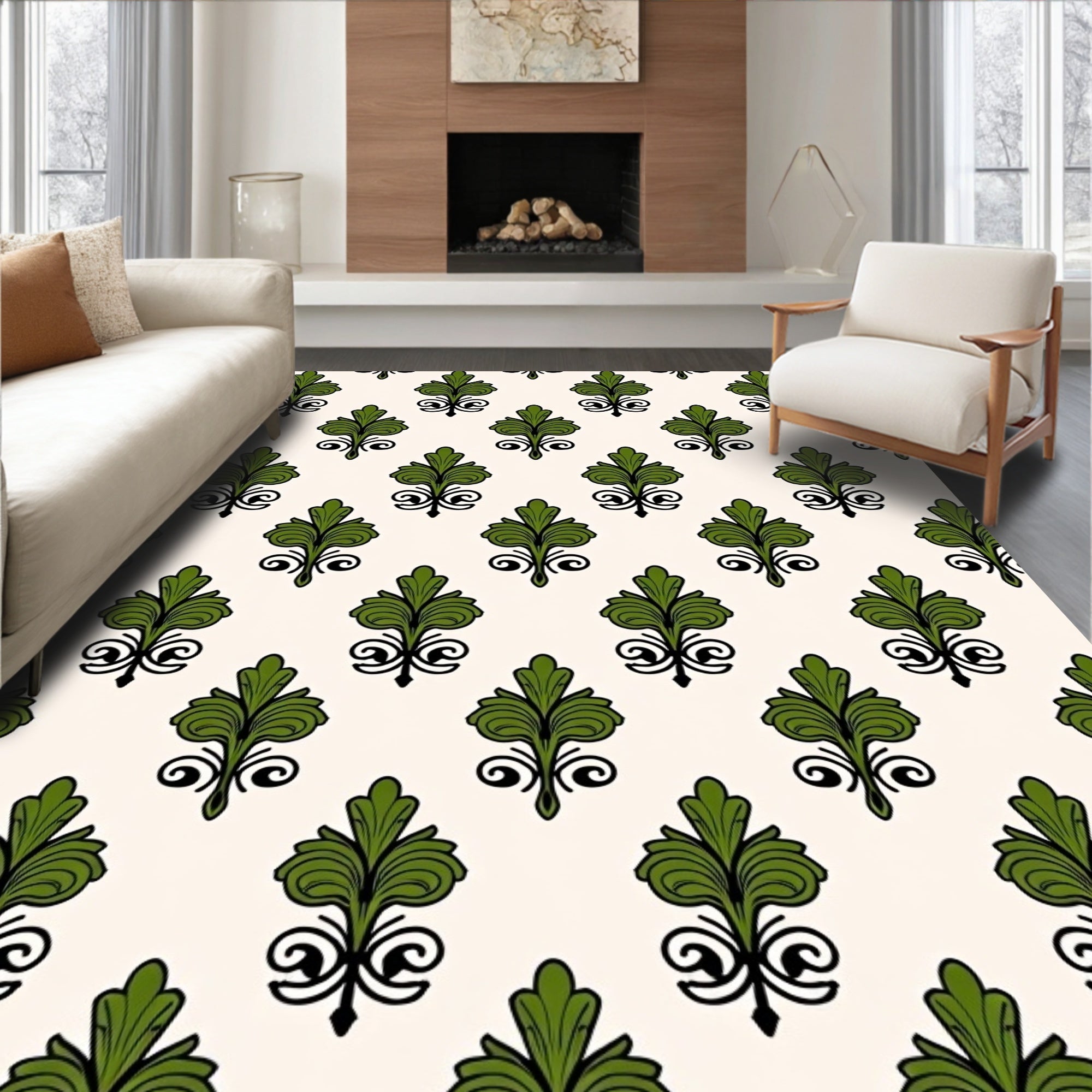 Green Vintage Scroll Floral Pattern Rug