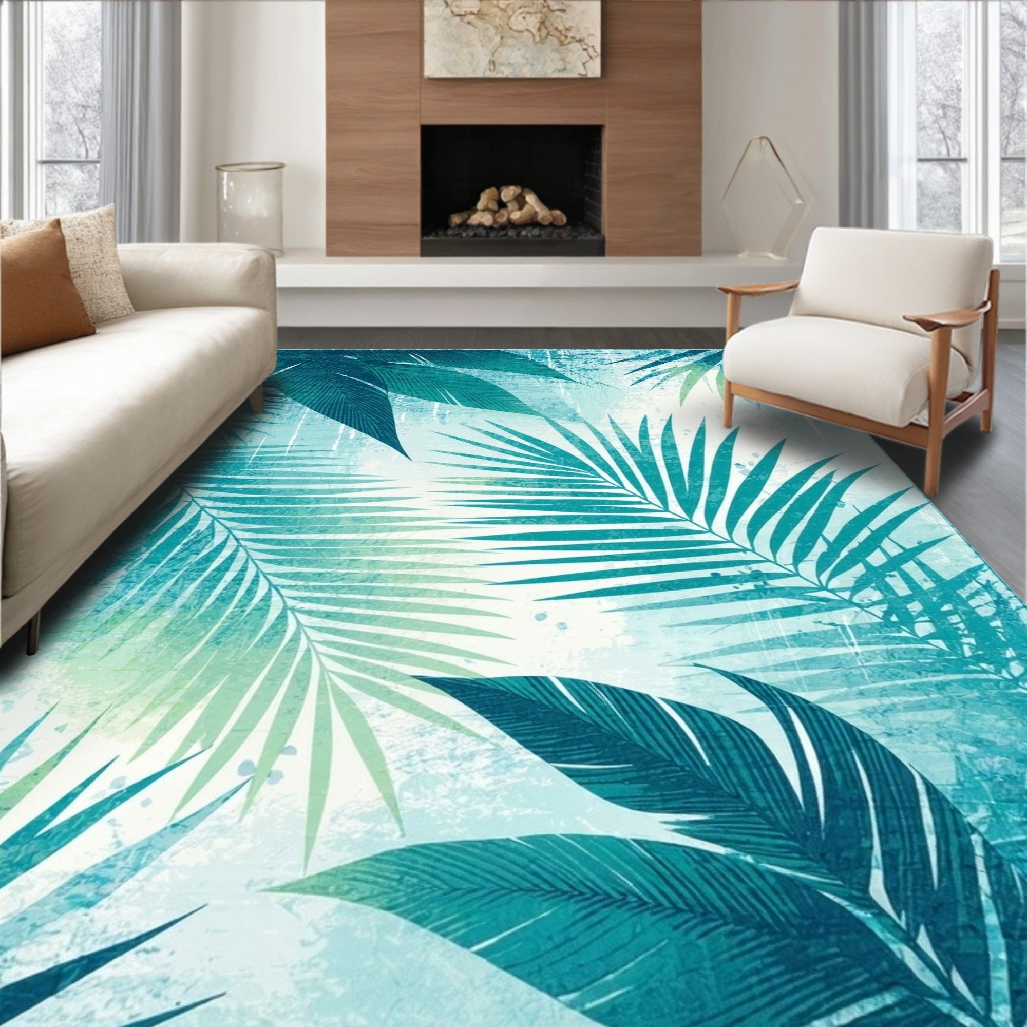 Tropical Teal Fern Leaf Pattern Rug