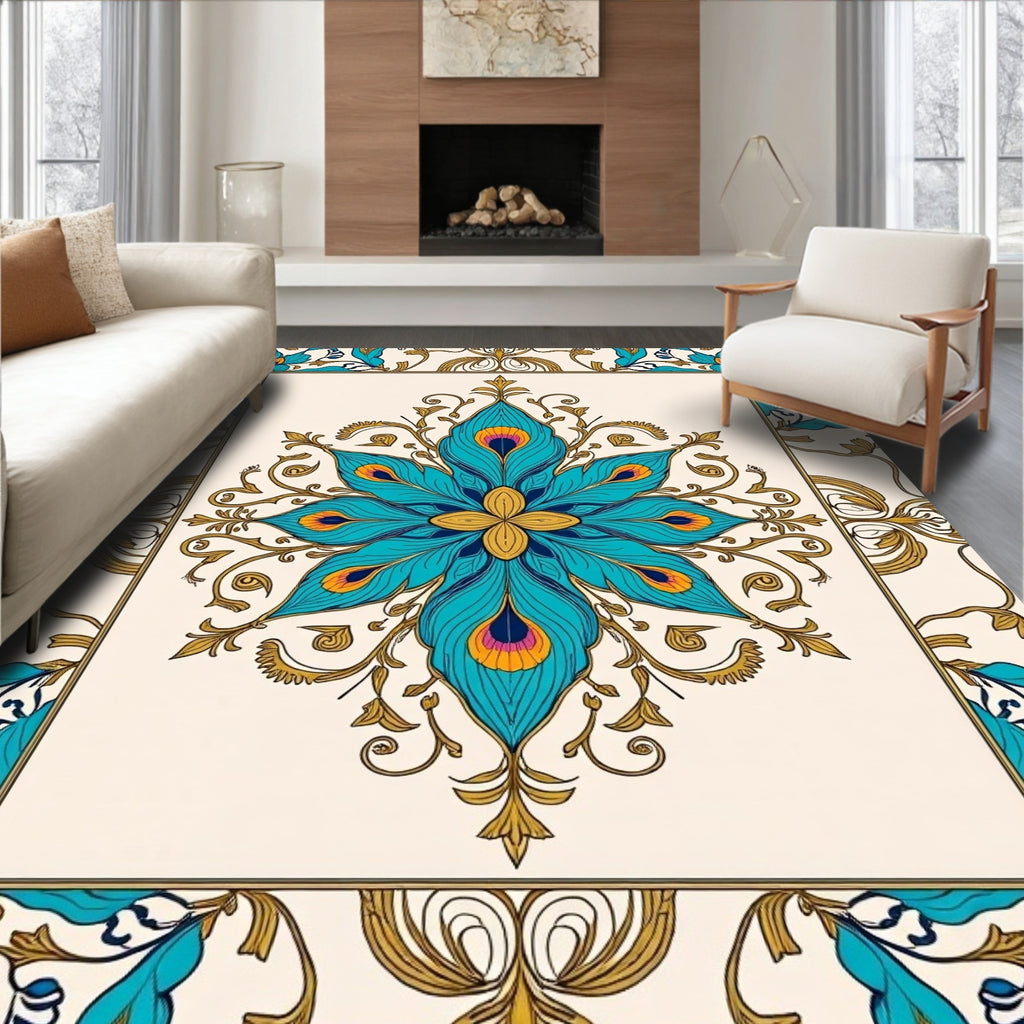 Ornate Peacock Feather Floral Medallion Rug