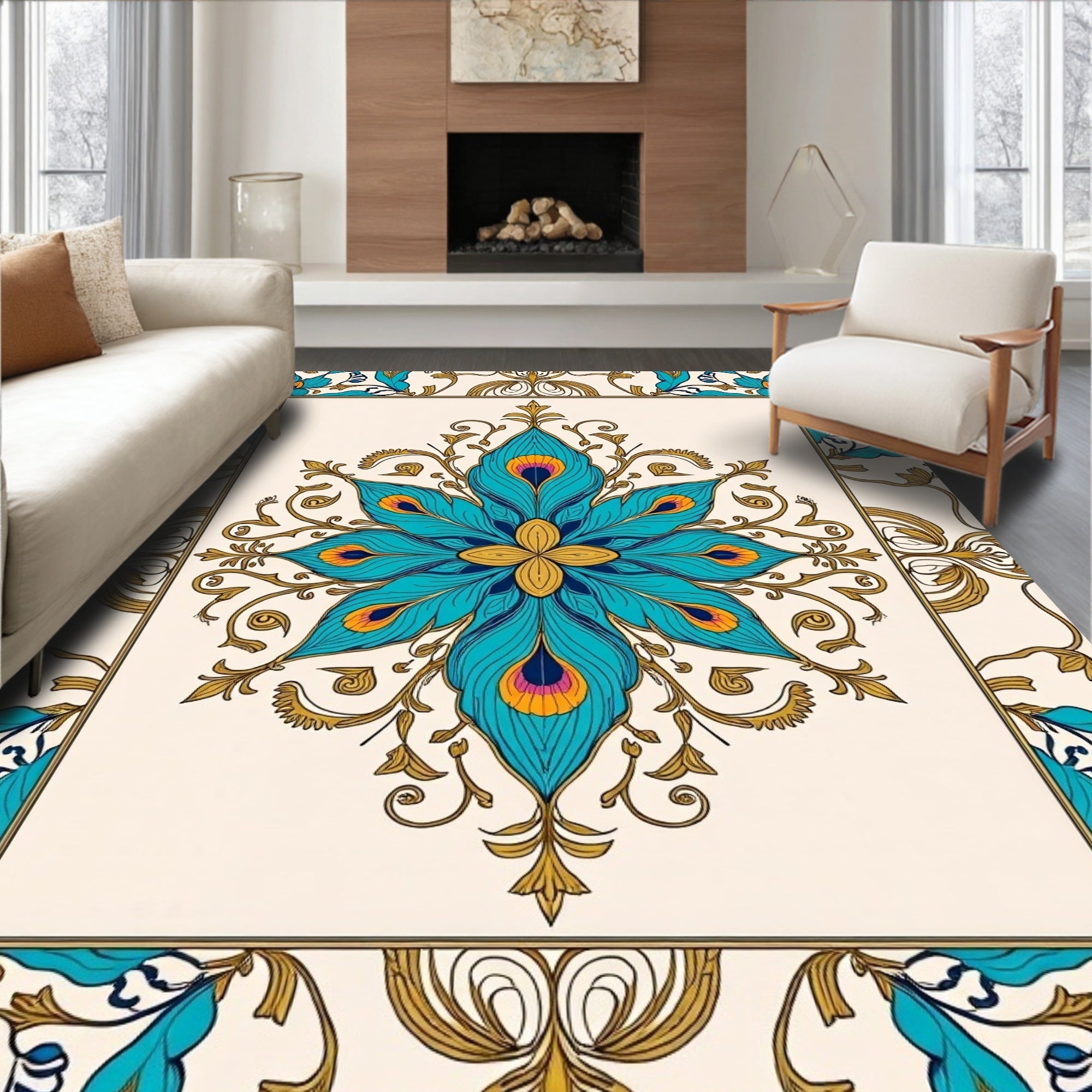 Ornate Peacock Feather Floral Medallion Rug