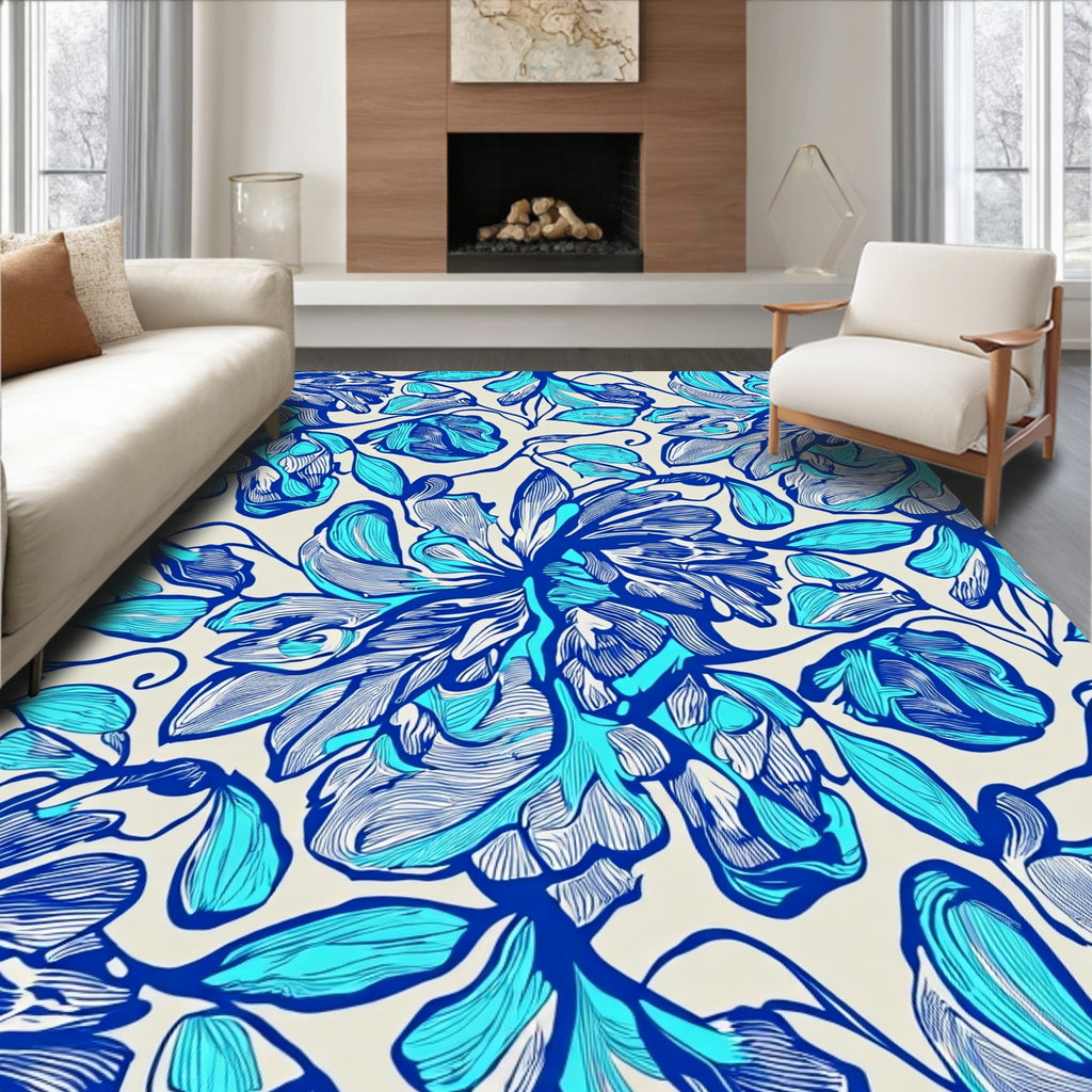 Blue White Floral Sketch Area Rug