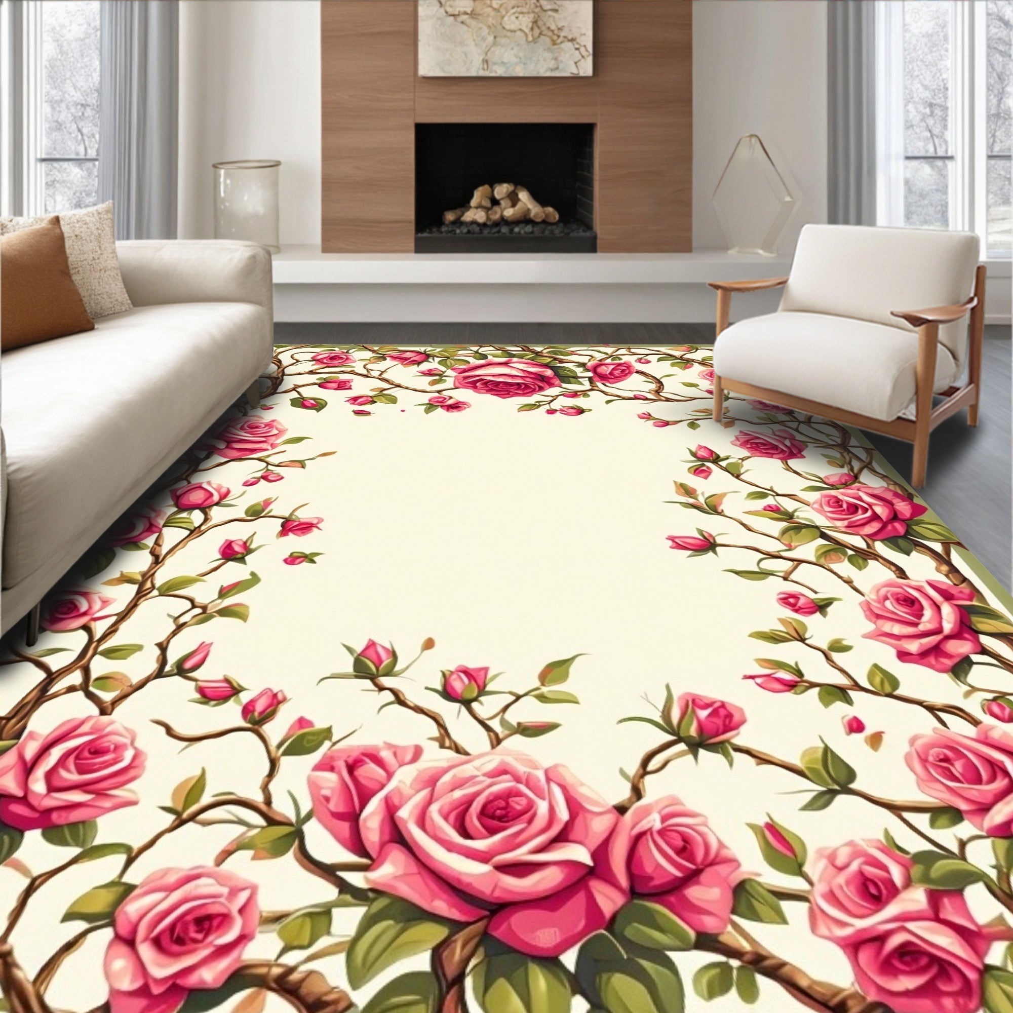 Floral Rose Vine Botanical Pattern Rug