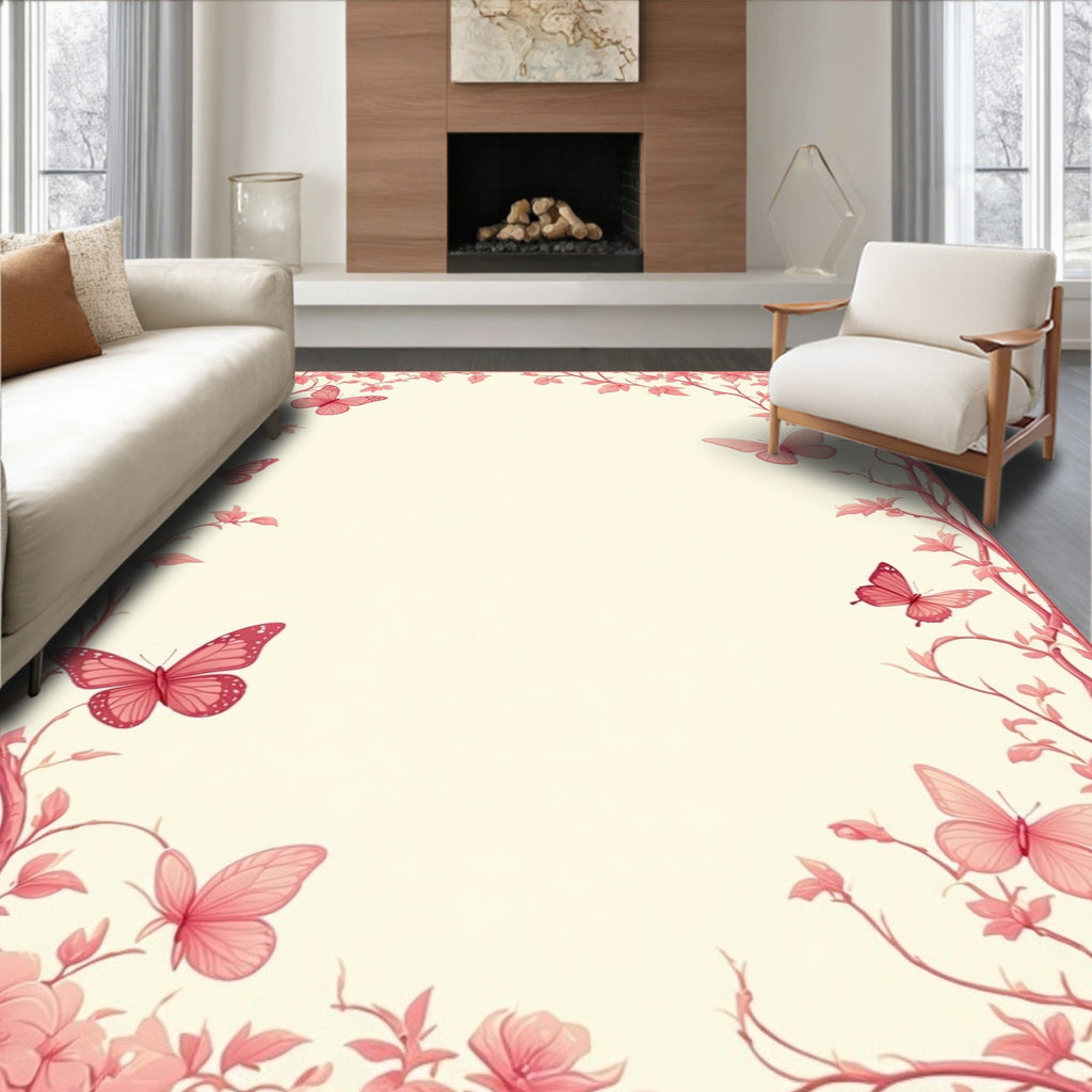 Pink Floral Butterfly Border Design Rug
