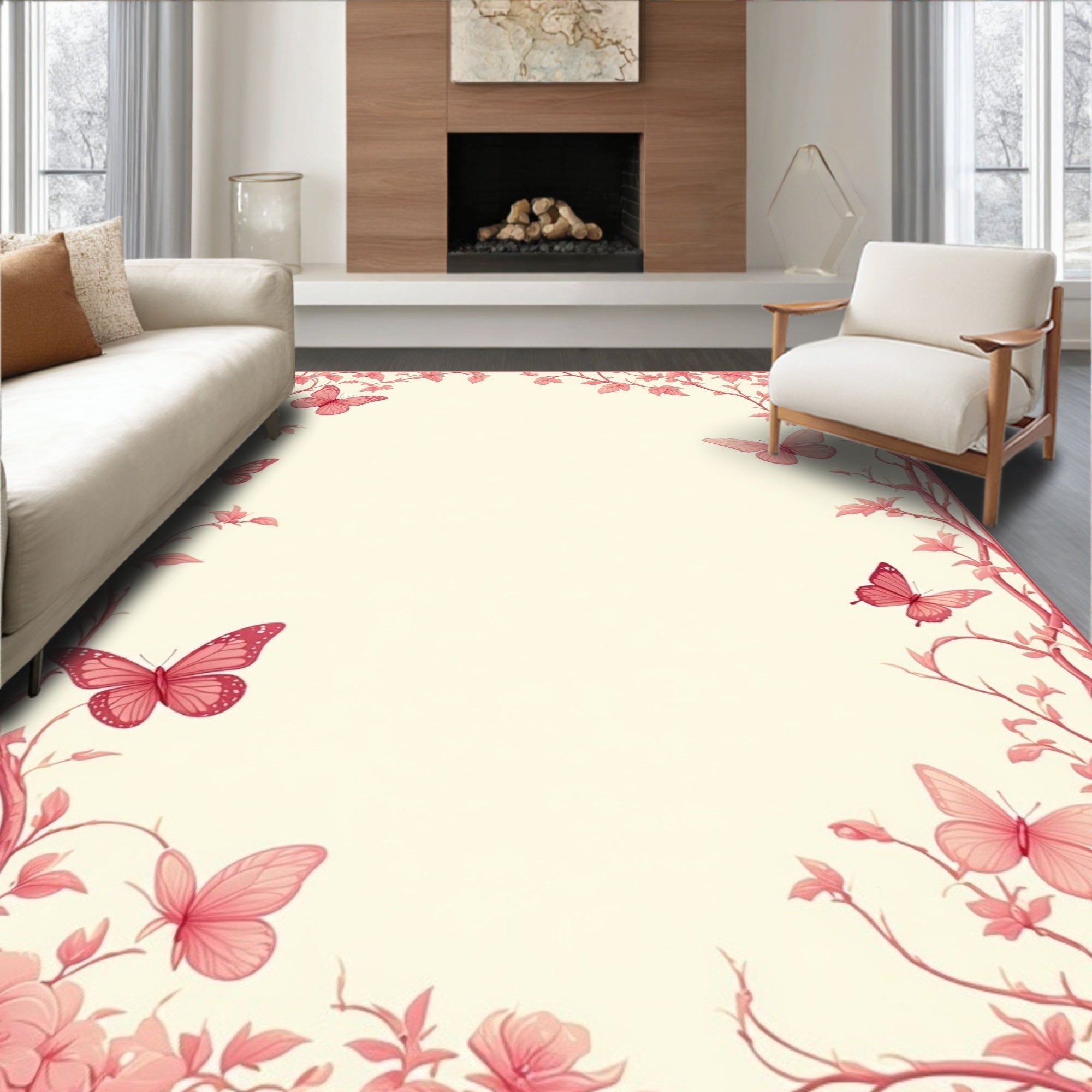 Pink Floral Butterfly Border Design Rug