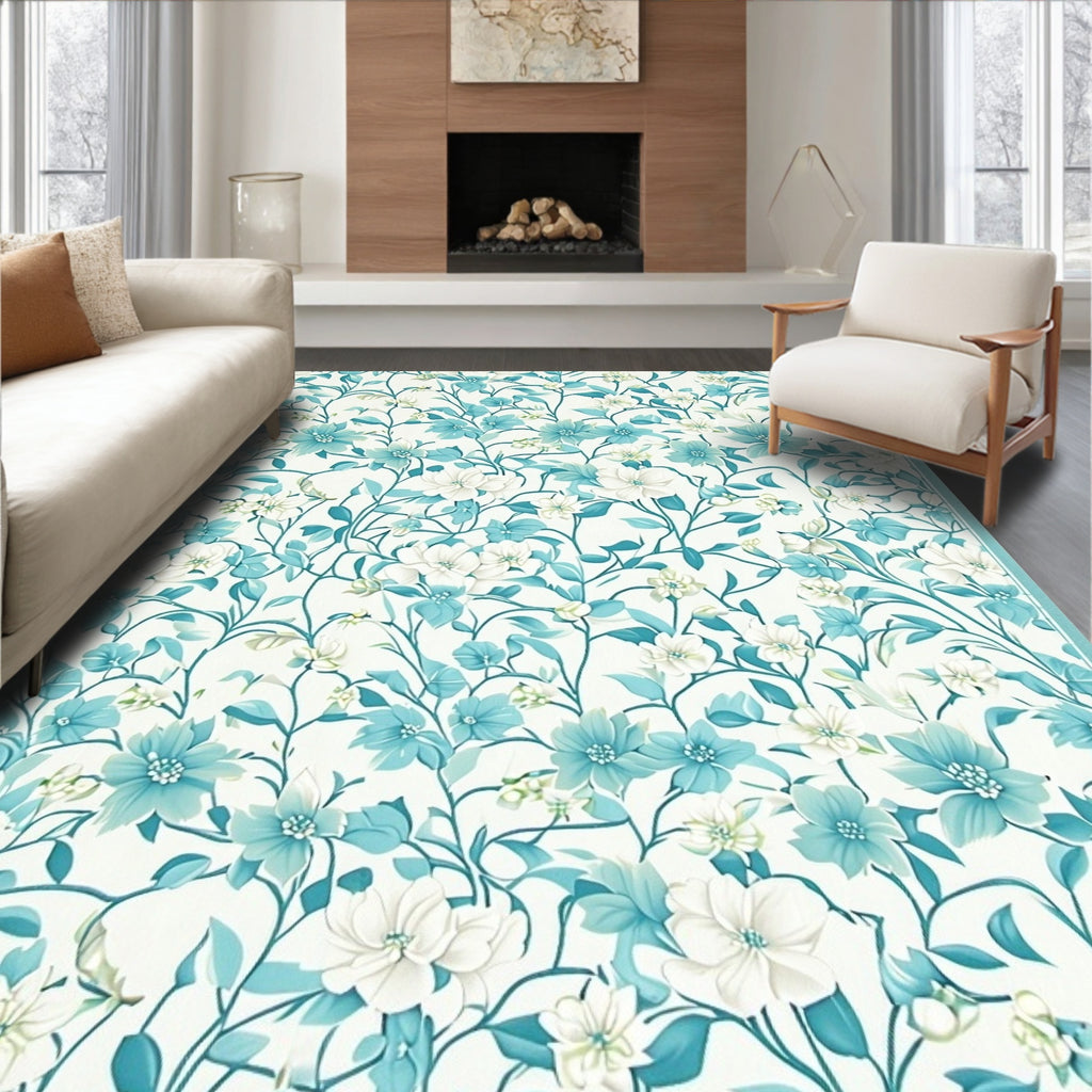 Turquoise Floral Vine Design Rug