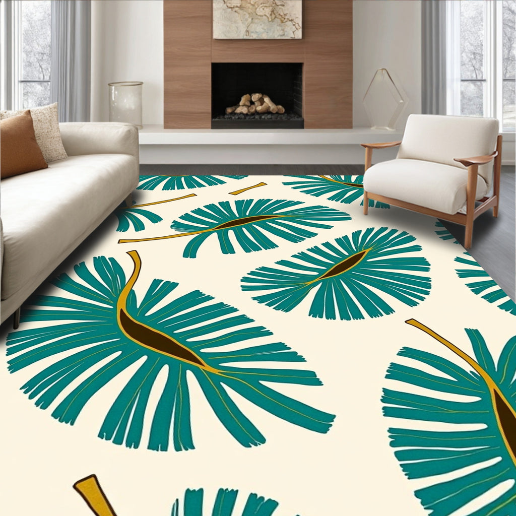 Teal Fan Leaf Pattern Rug