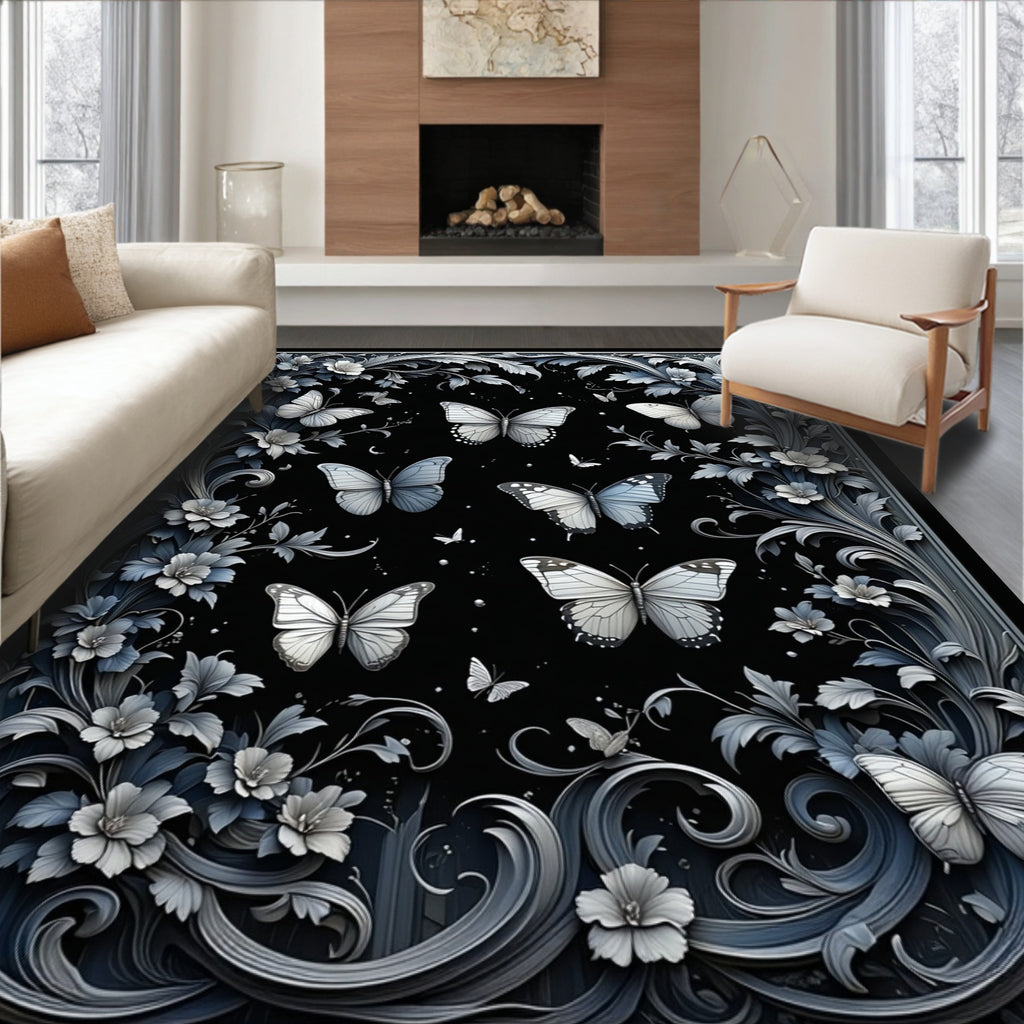 Elegant Silver Butterfly Floral Design Rug