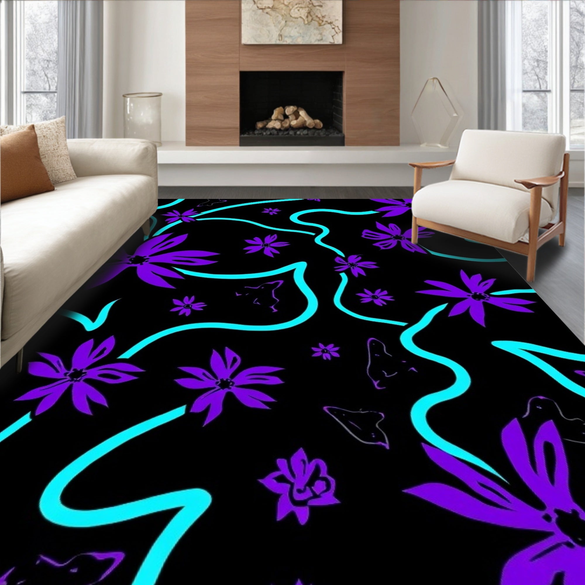 Bold Purple Floral With Teal Swirls Rug
