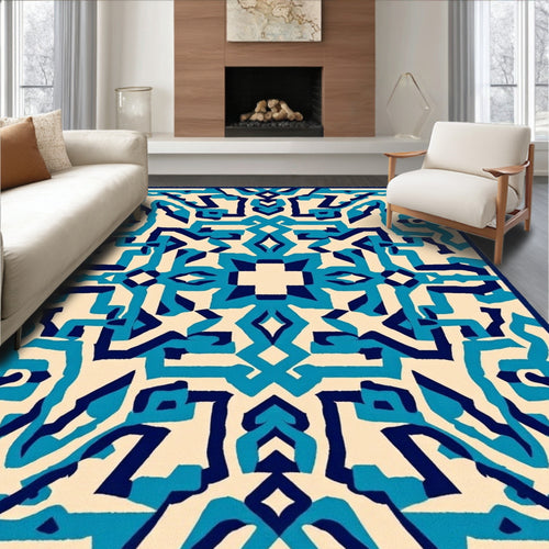 Abstract Blue Geometric Maze Rug