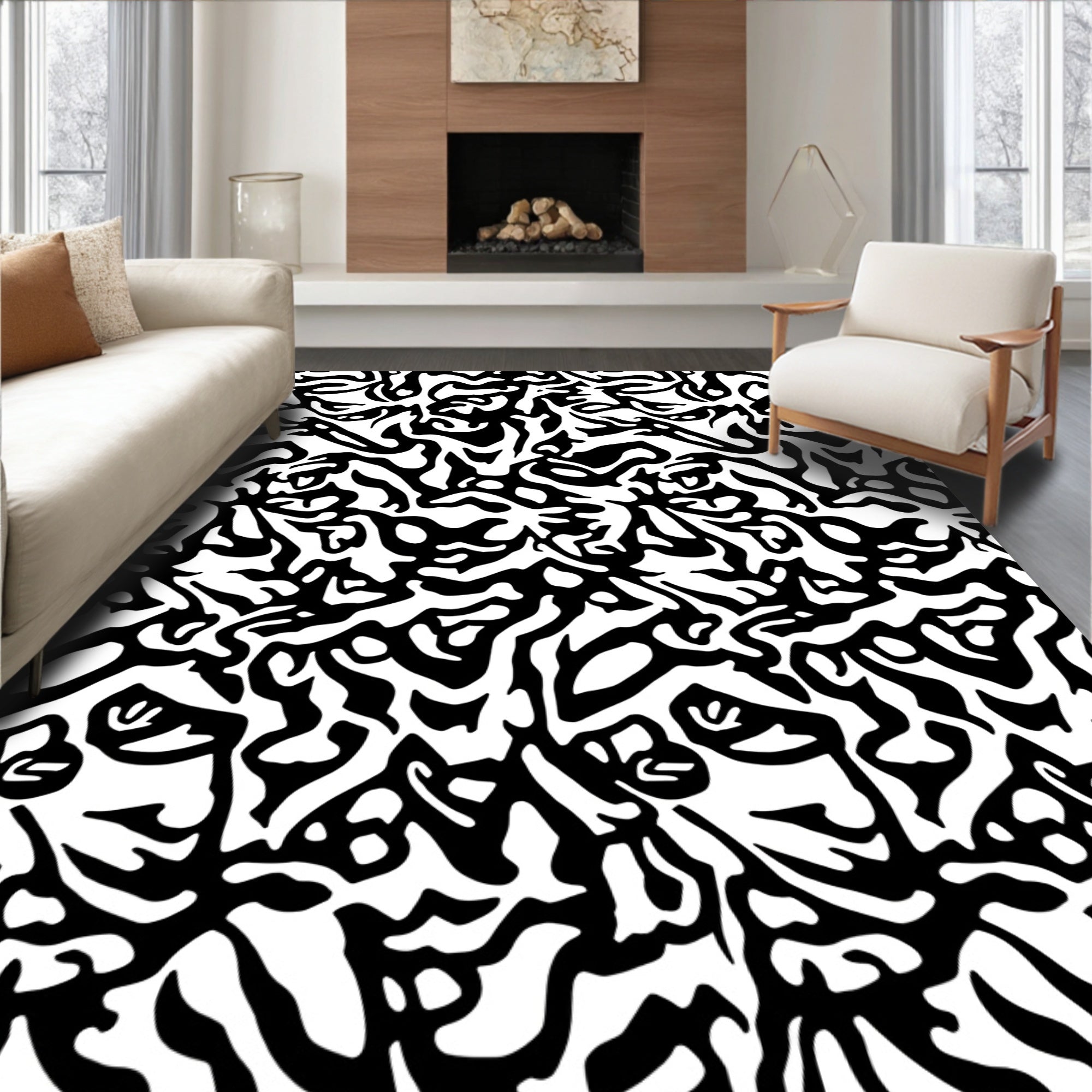 Abstract Black White Organic Pattern Rug