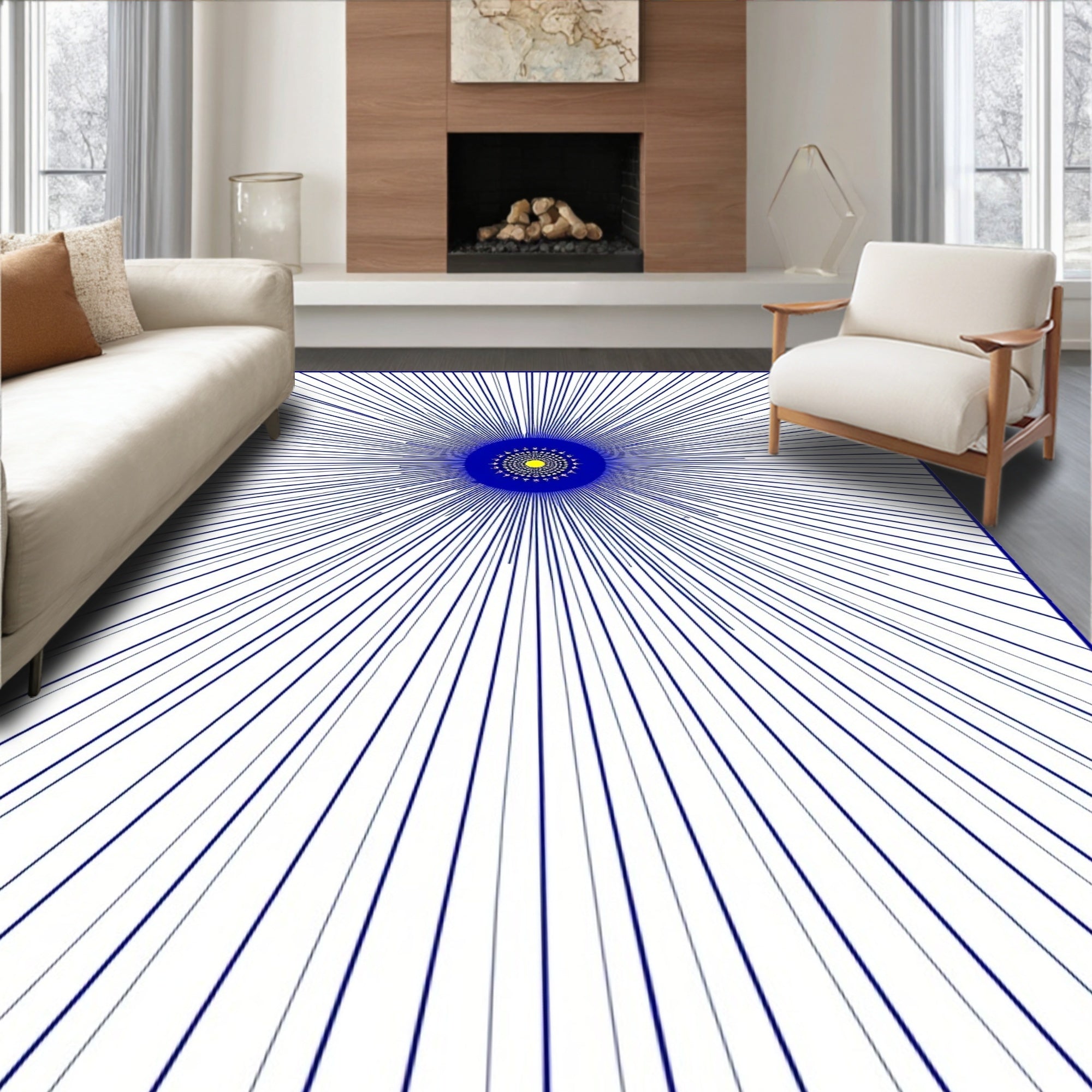 Abstract Sunburst Blue Yellow Radiating Rug
