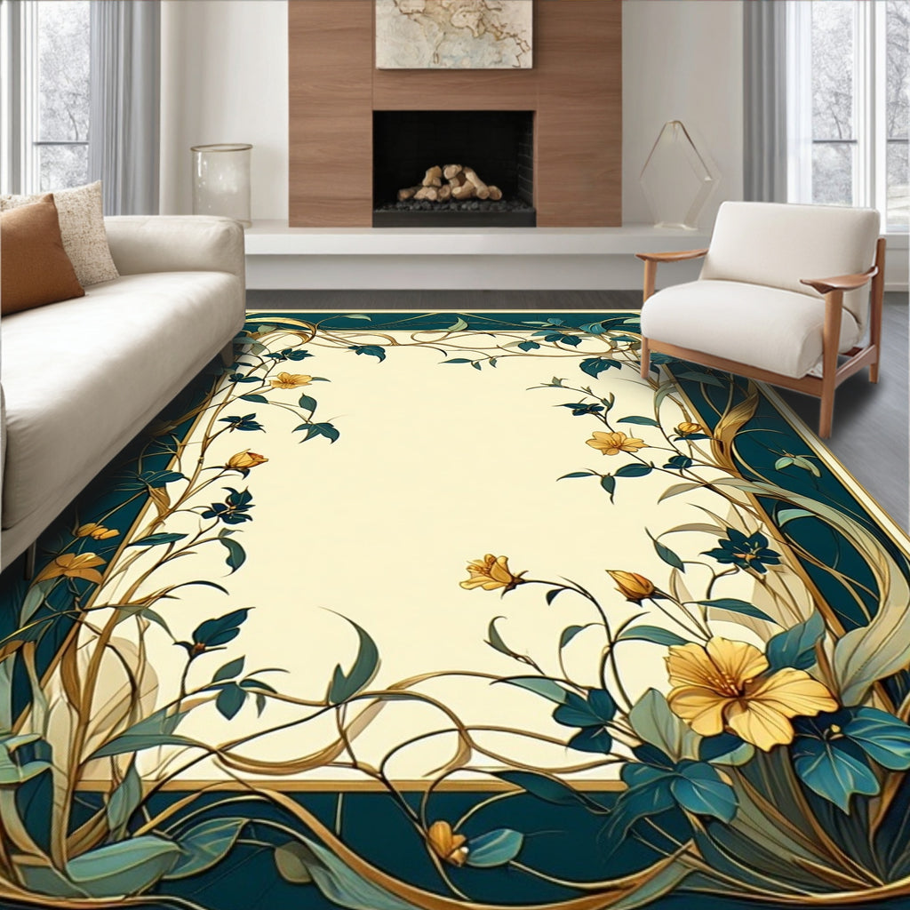Floral Vines with Teal Gold Border Rug