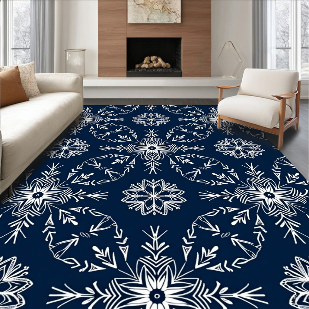 Navy White Snowflake Mandala Arrangement Rug