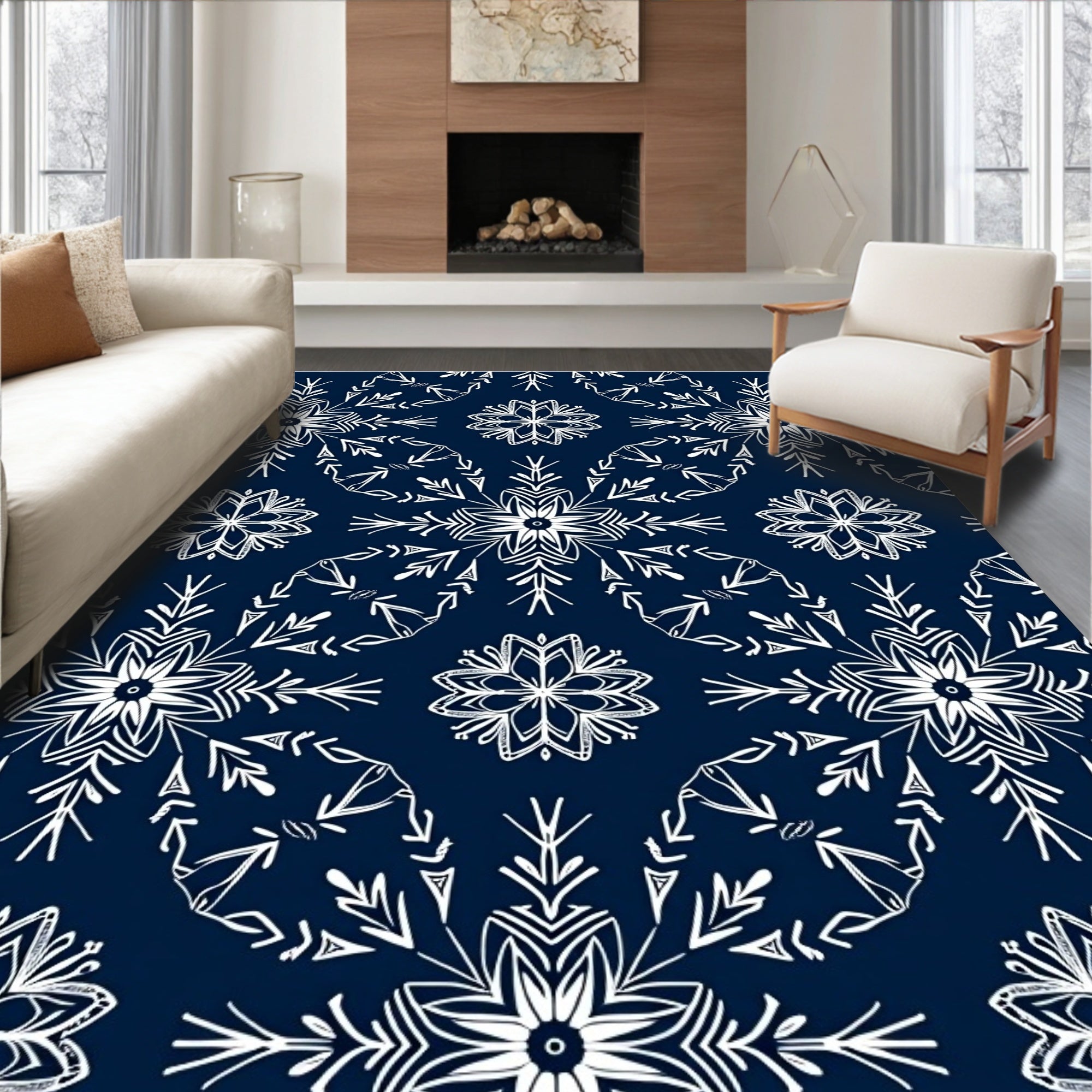 Navy White Snowflake Mandala Arrangement Rug