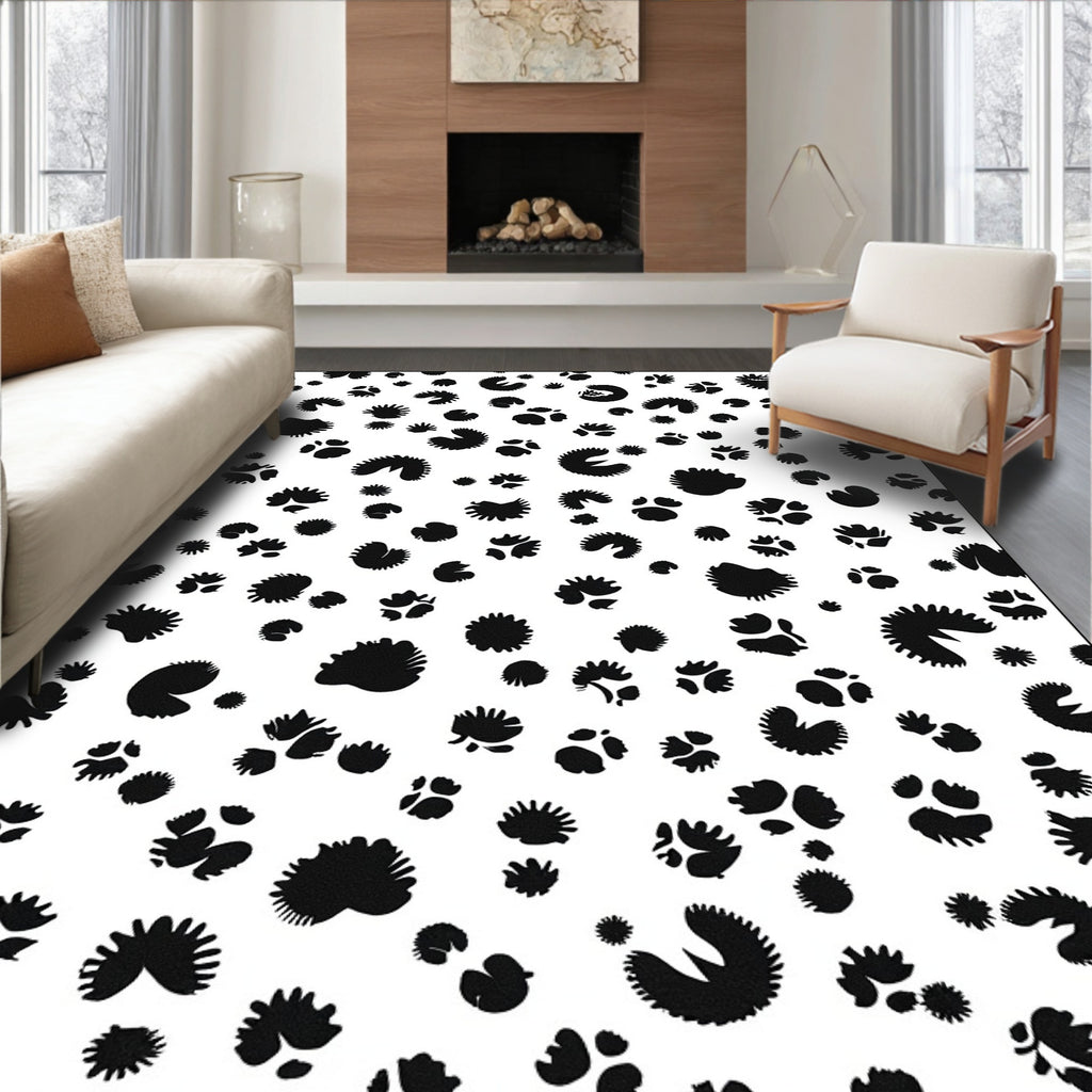 Black White Floral Paw Print Design Rug