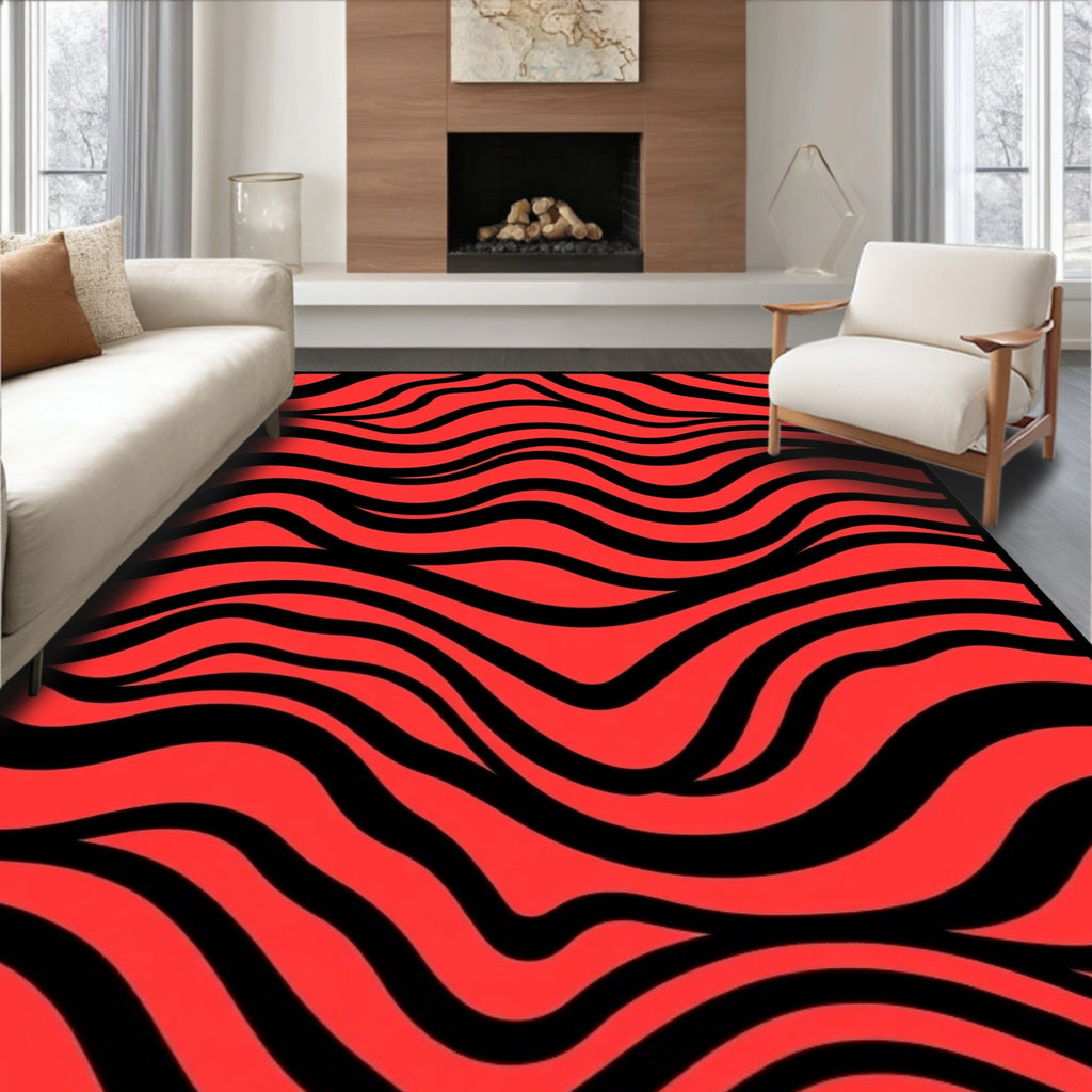 Bold Red Black Wavy Stripes Rug