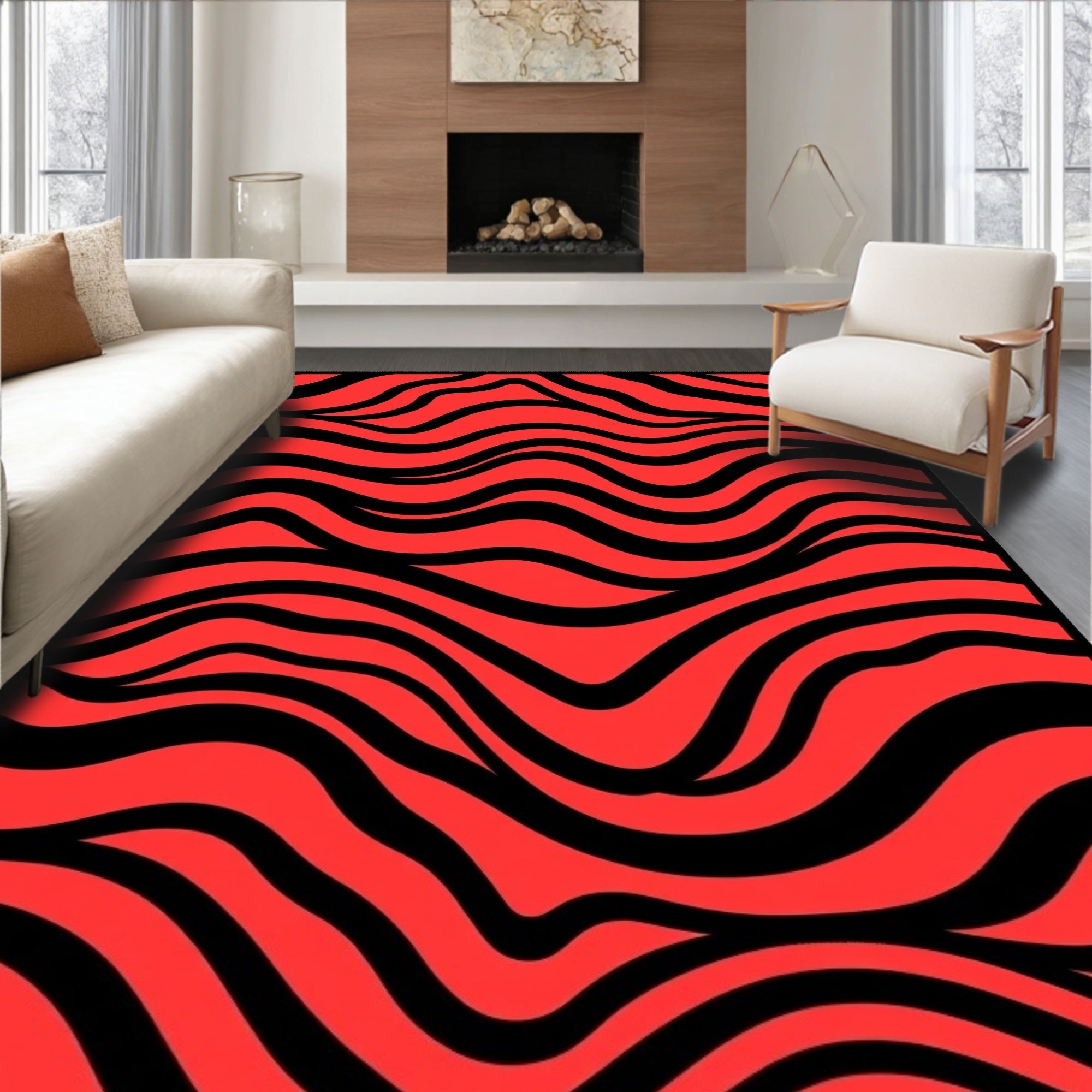 Bold Red Black Wavy Stripes Rug