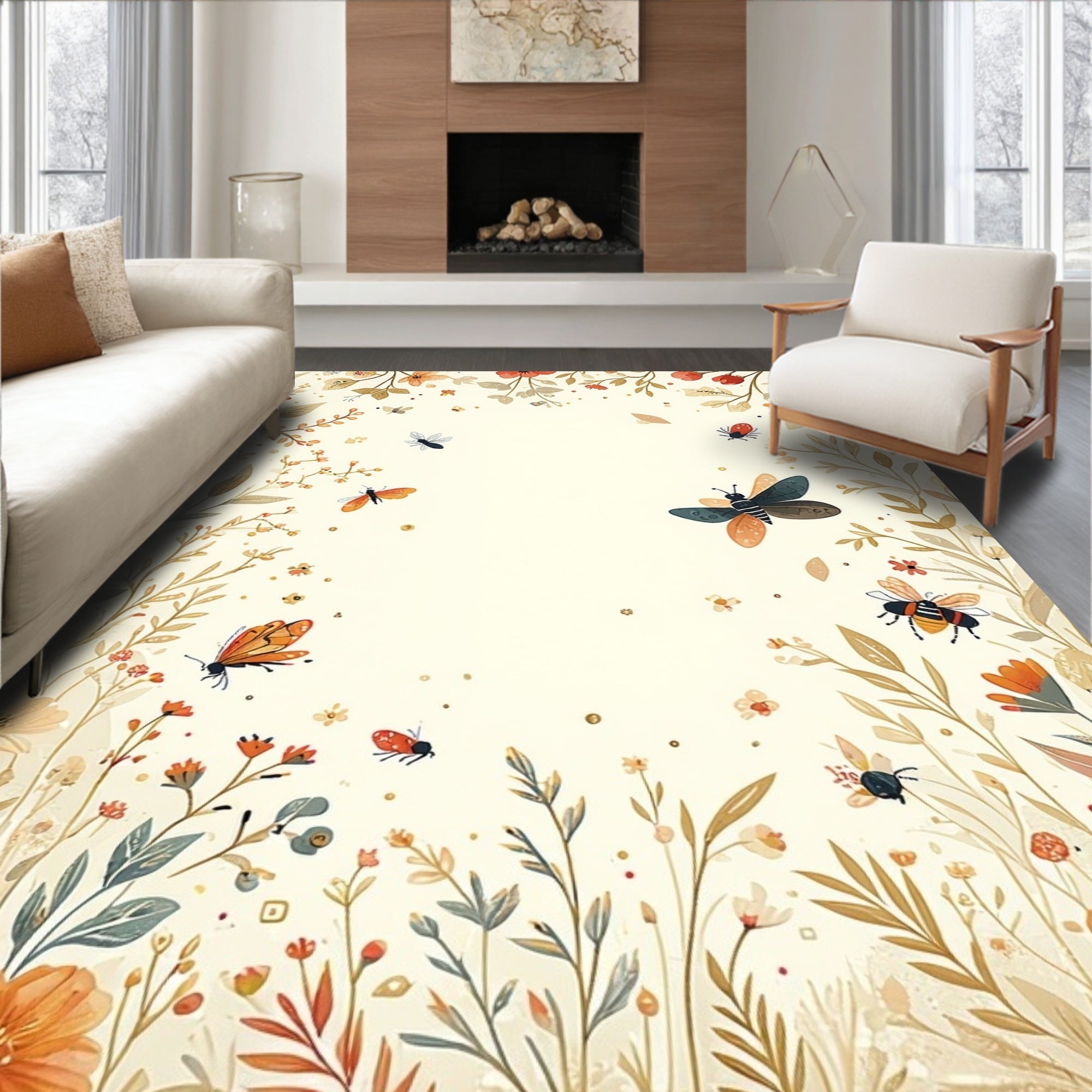Charming Garden Insect Floral Pattern Rug