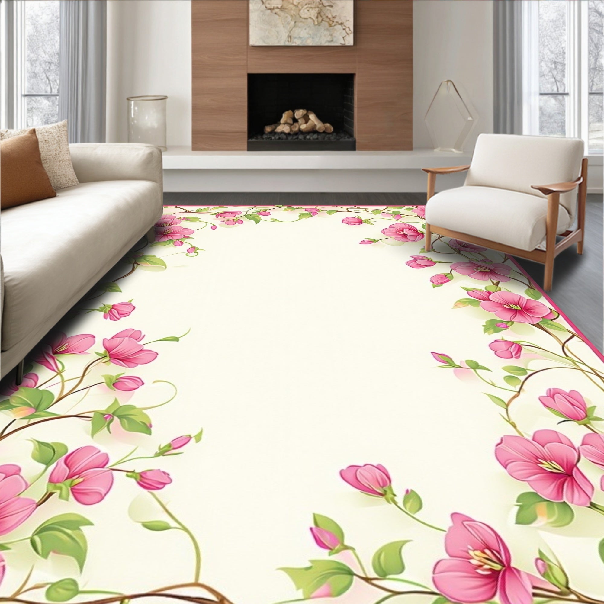 Pink Blossom Vine Pattern Design Rug