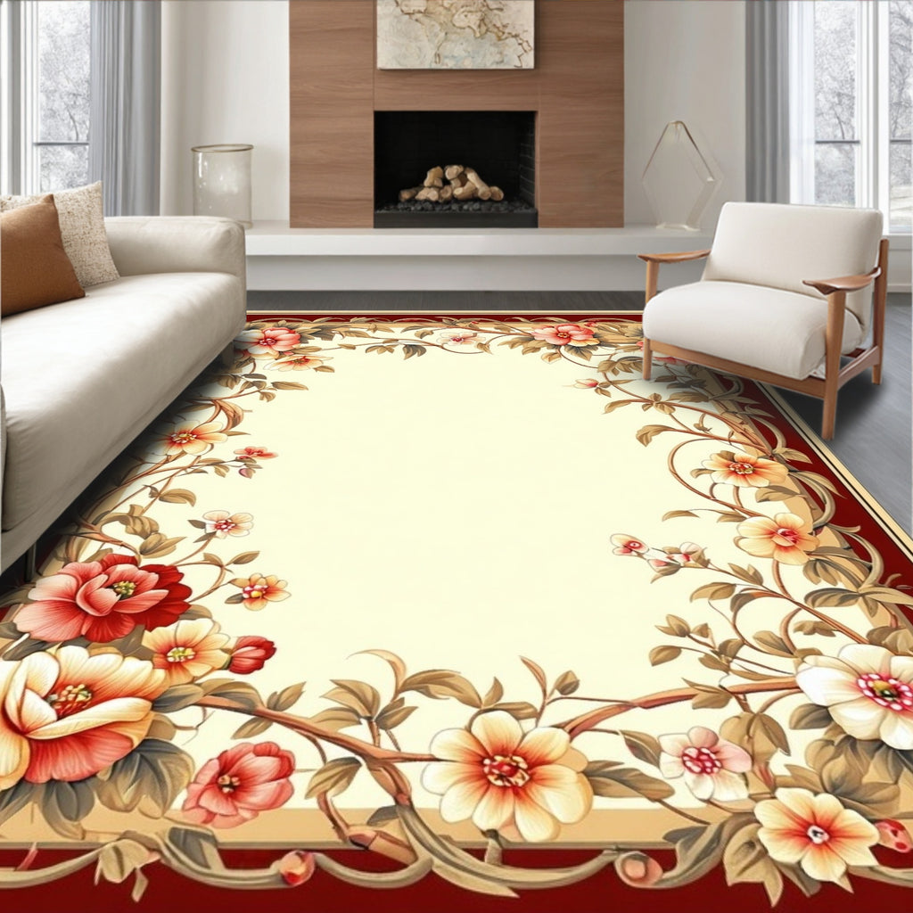 Ornate Floral Vines Border Design Rug
