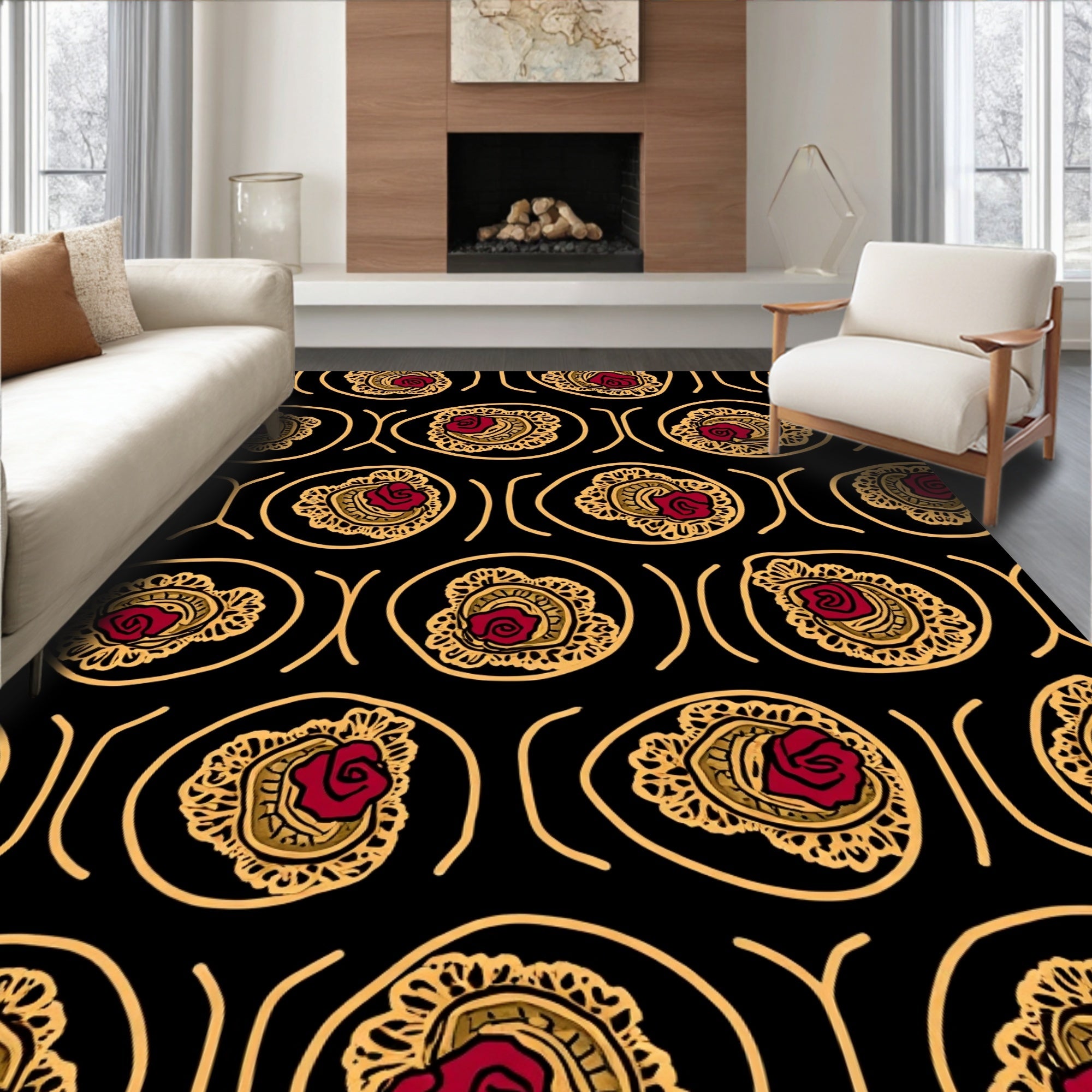 Bold Red Flower Garland Motif Rug