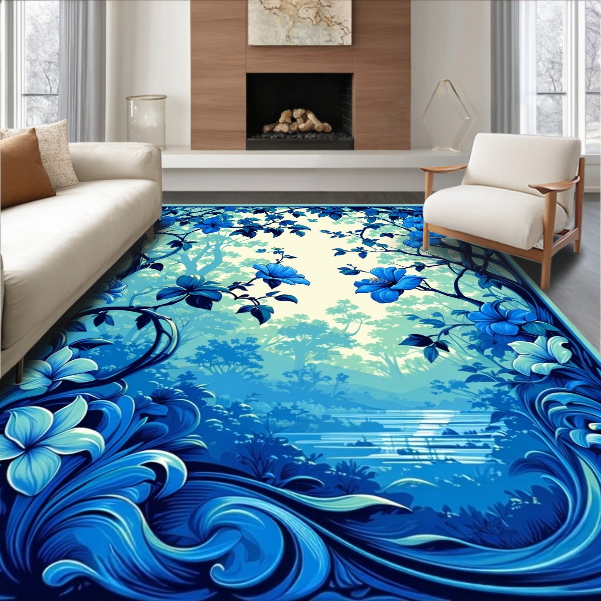 Deep Blue Floral Forest Scene Rug