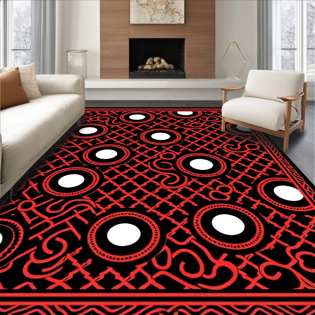 Bold Red Circles Tribal Grid Rug