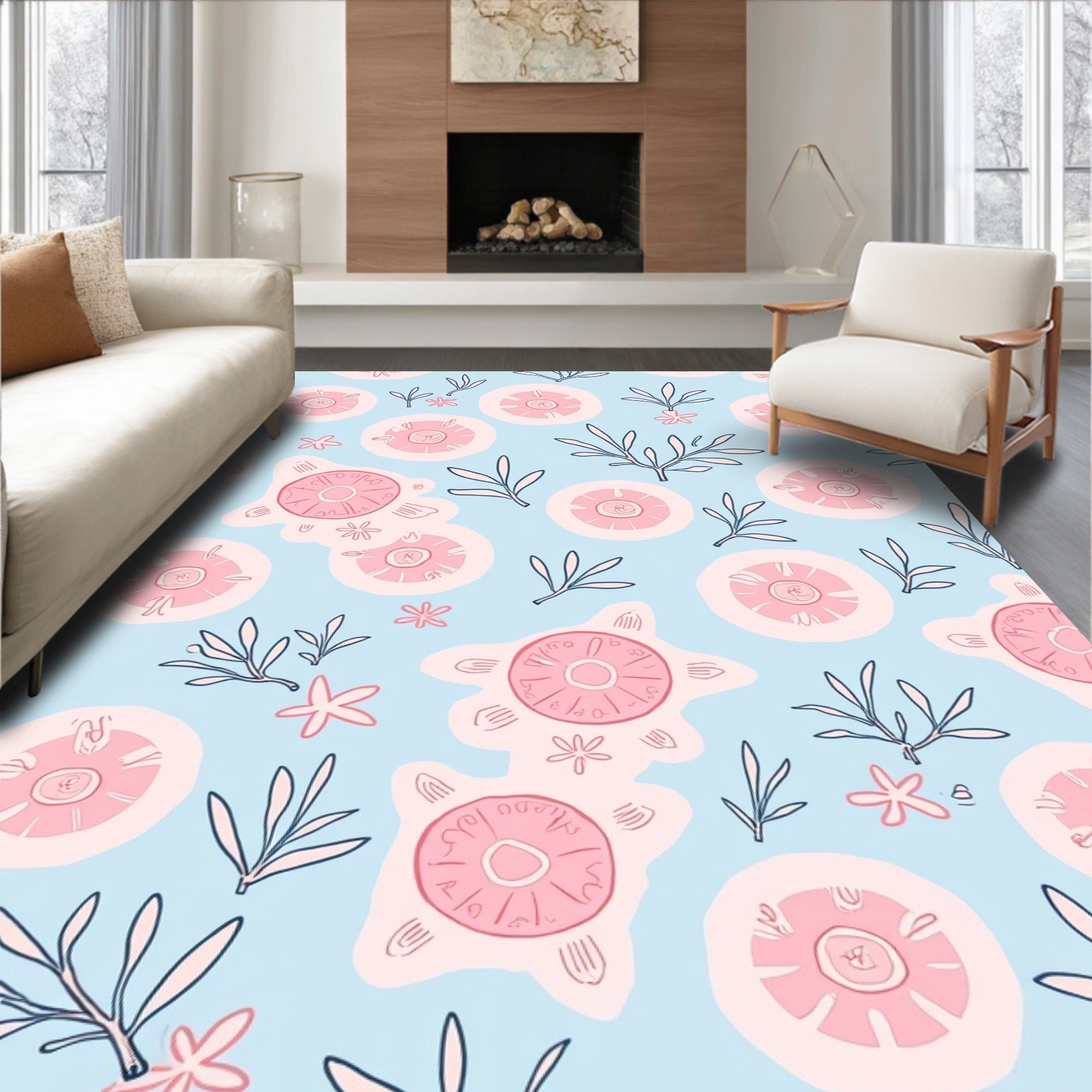 Pink Floral Botanical Pattern Rug