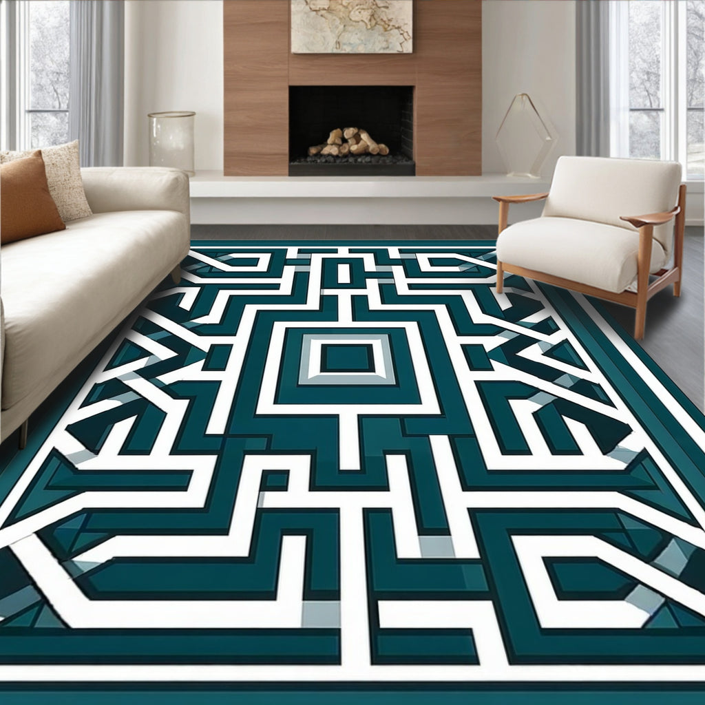 Teal White Geometric Labyrinth Rug