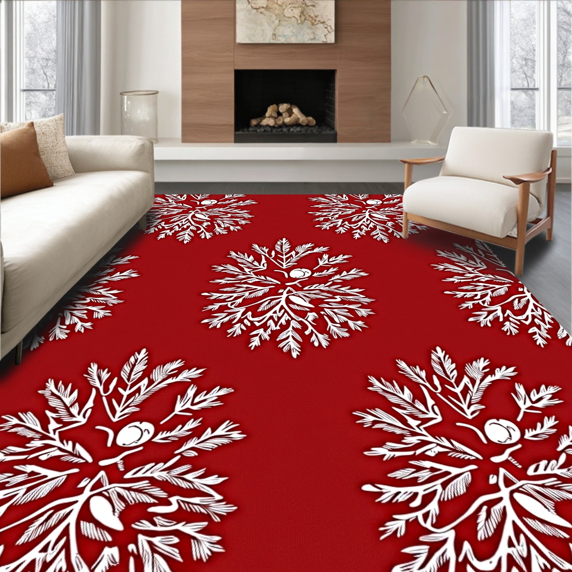 Crimson White Floral Botanical Medallion Rug