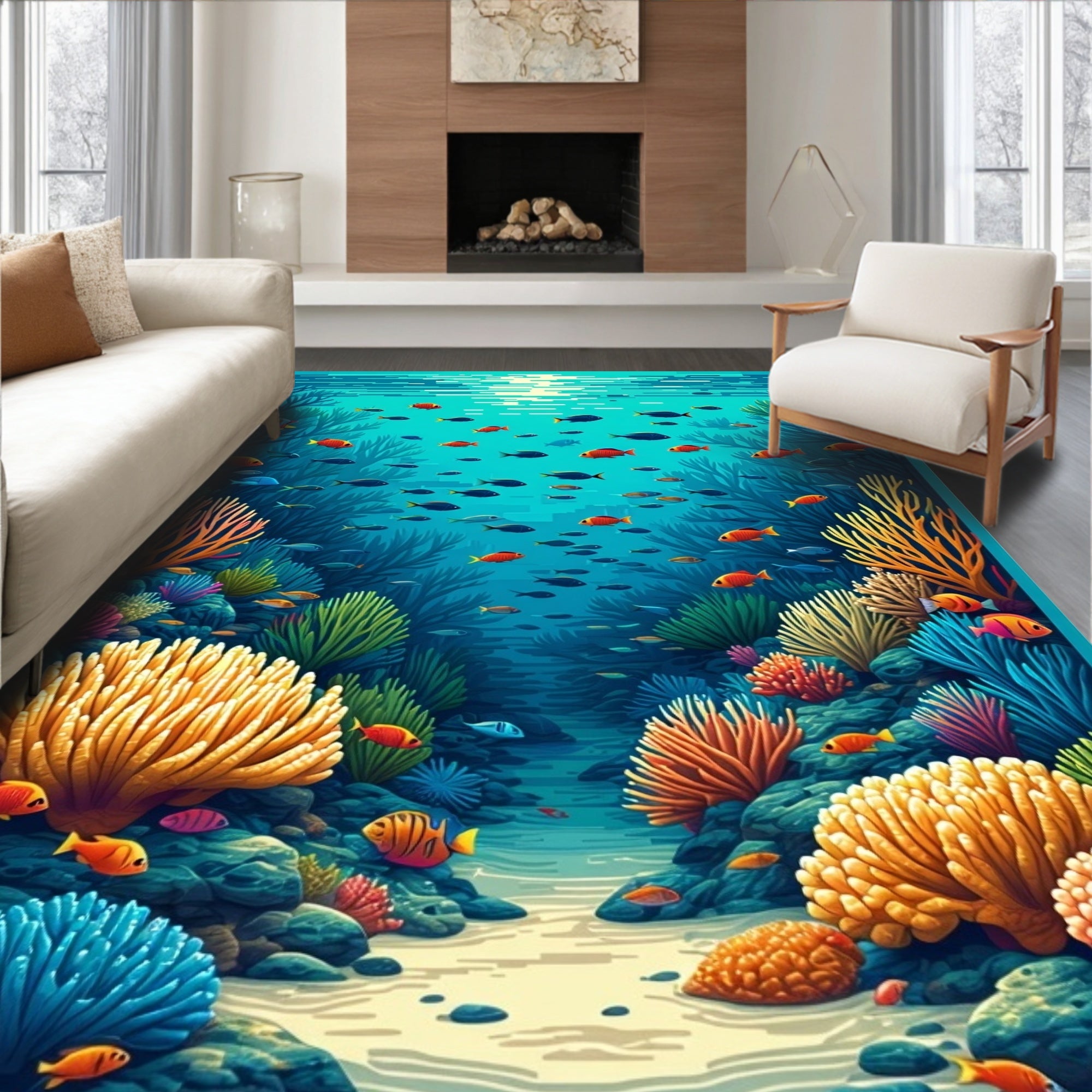 Vibrant Coral Reef Fish Scene Rug
