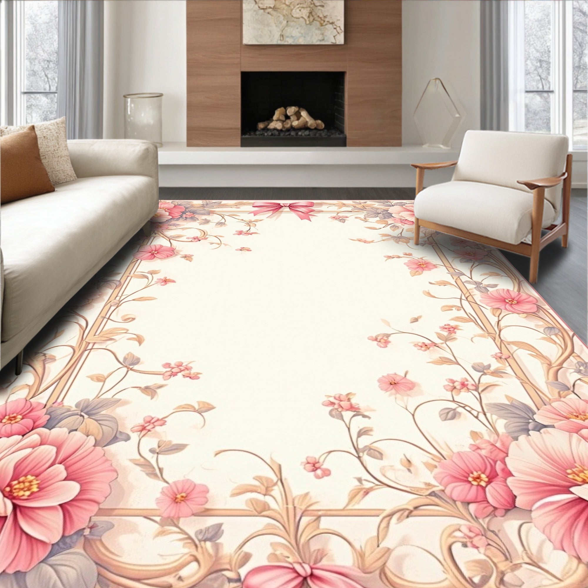 Elegant Pink Floral Vines Rug