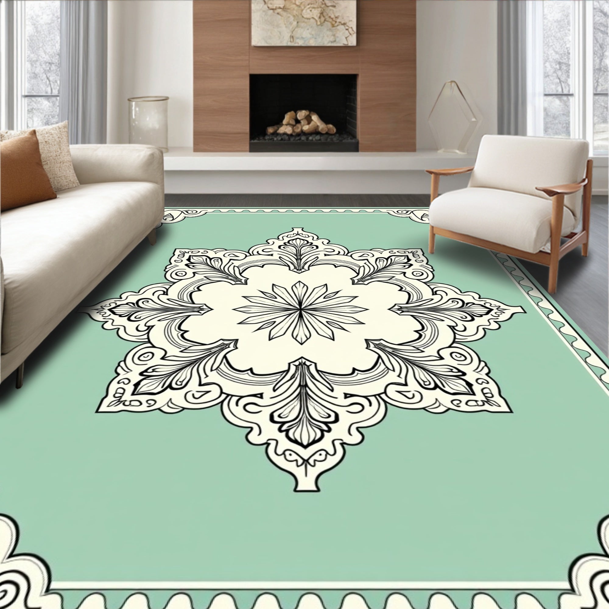 Mint Green Floral Medallion Mandala Rug