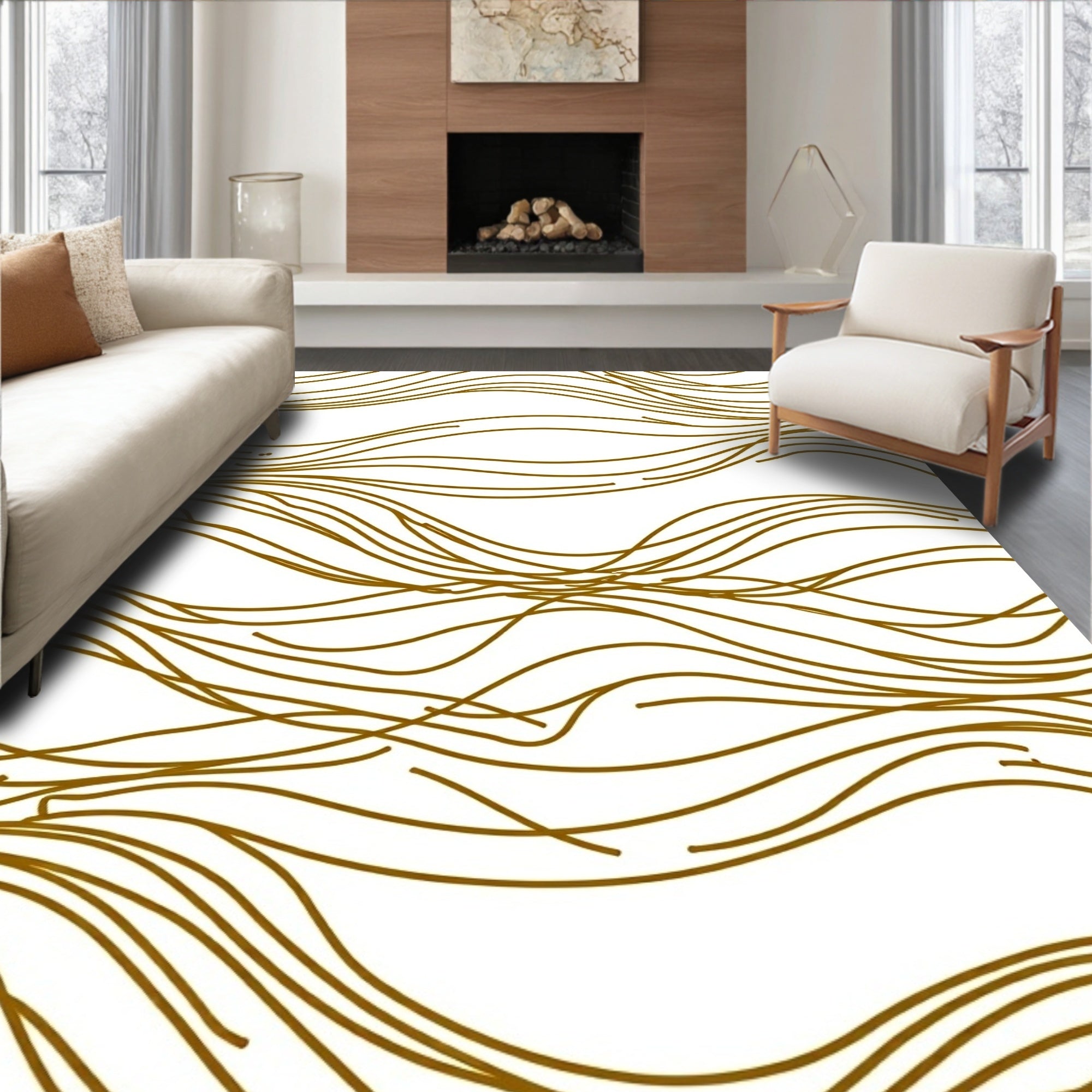 Wavy Gold Lines Abstract Rug