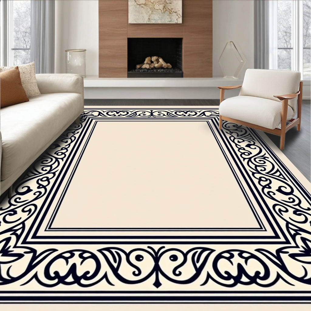 Intricate Navy Scrollwork Square Border Rug
