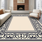 Intricate Navy Scrollwork Square Border Rug